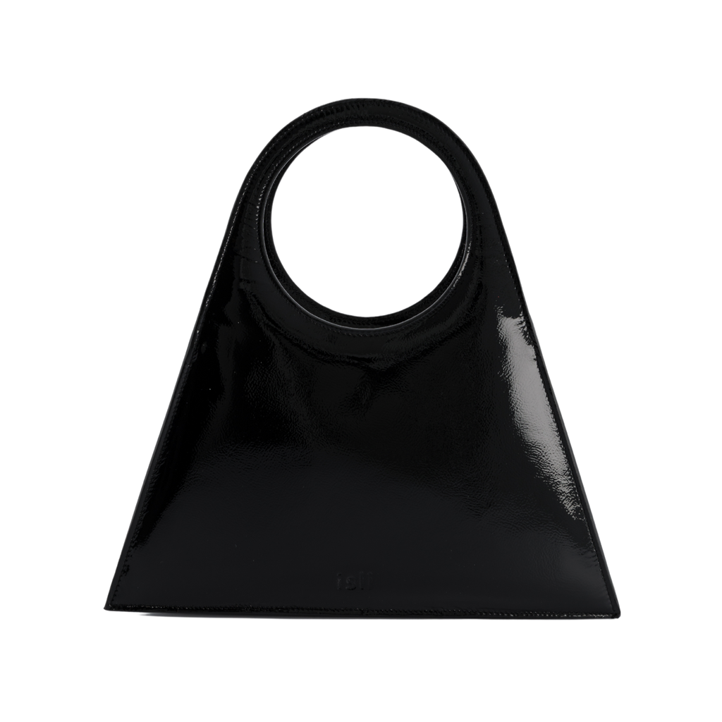 Tobkal Bag in Black Patent, trapeze recycled leather tote with round cut-out handle by ISLI Studio, front view