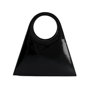 Tobkal Bag in Black Patent, trapeze recycled leather tote with round cut-out handle by ISLI Studio, front view