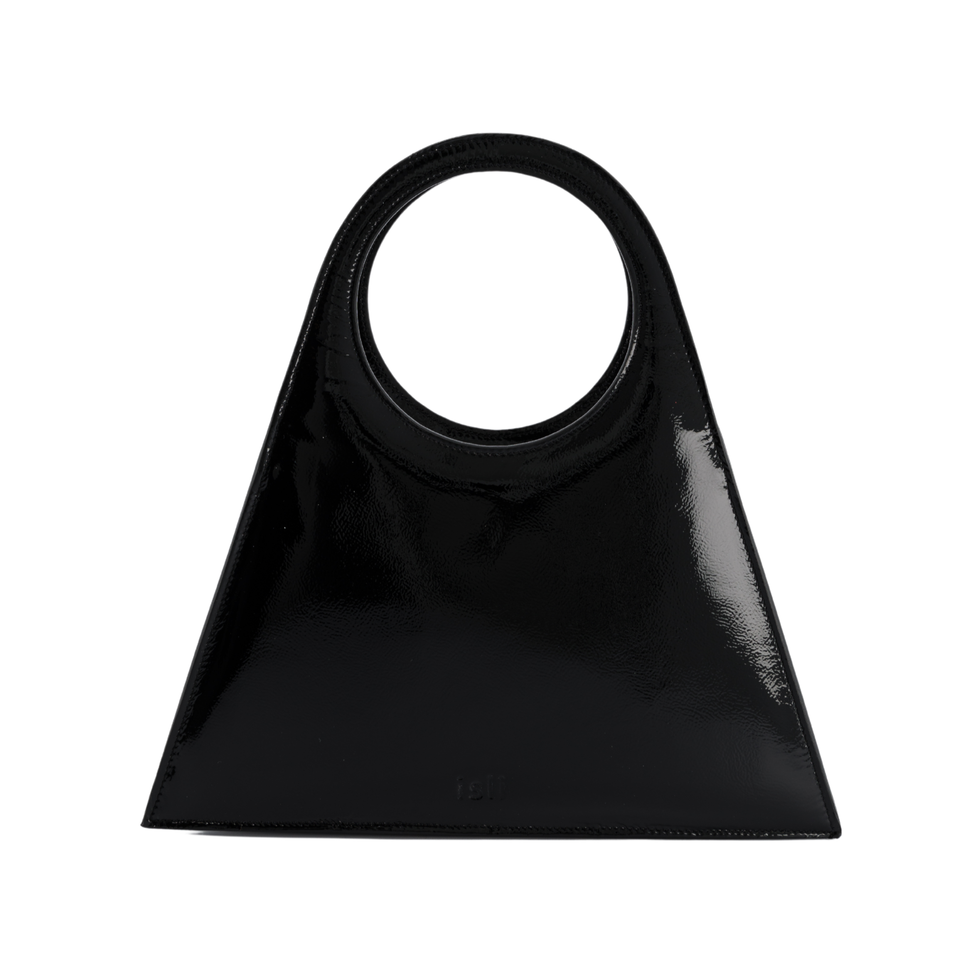 Tobkal Bag in Black Patent, trapeze recycled leather tote with round cut-out handle by ISLI Studio, front view