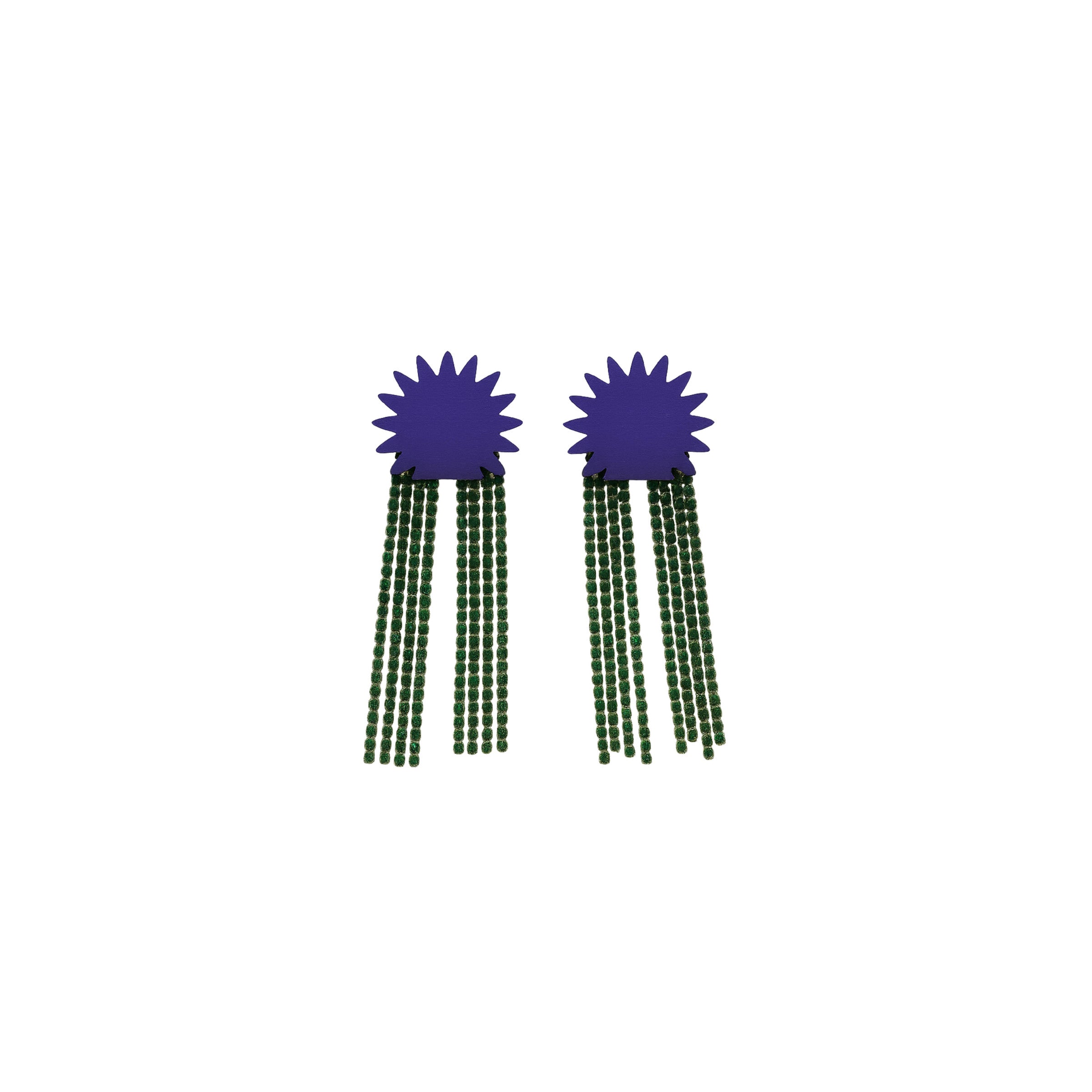 Ayla Beads violet sunburst earrings with cascading rhinestone fringe strands by ISLI Studio