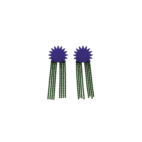 Ayla Beads violet sunburst earrings with cascading rhinestone fringe strands by ISLI Studio