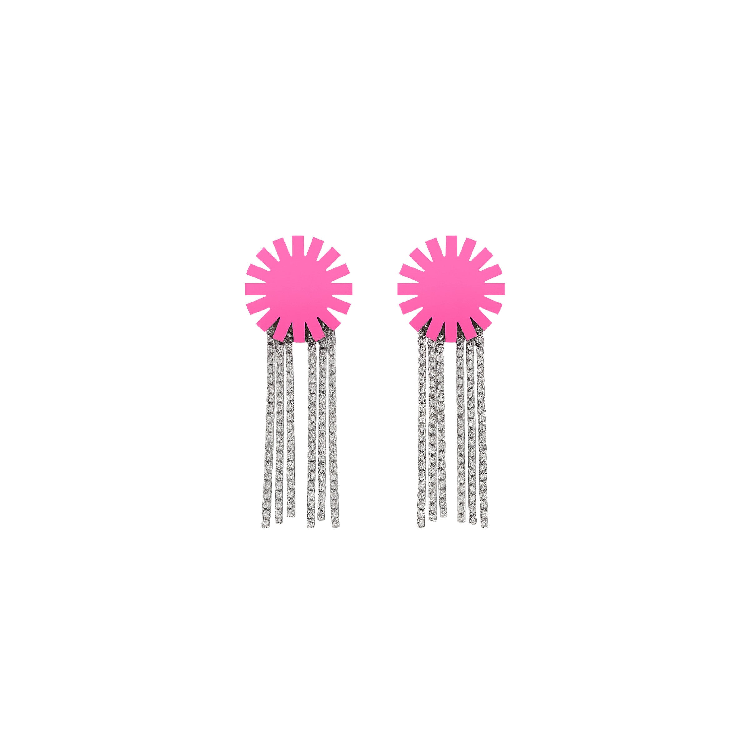 Mawazine Glow earrings with fuchsia sunbursts and flowing silver chain fringe by ISLI Studio