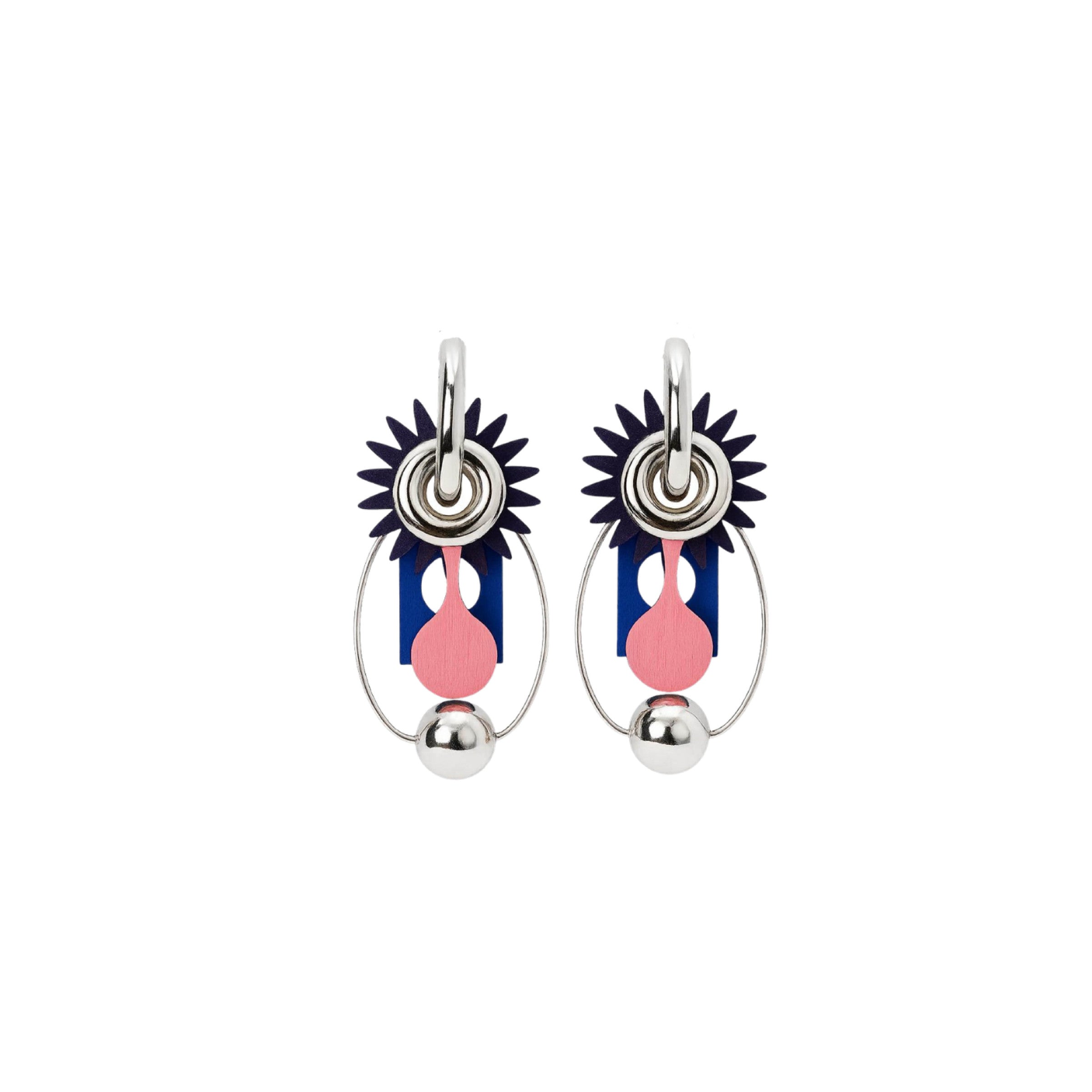 Riad silver oval hoop earrings with violet, blue and pink panels and polished silver sphere by ISLI Studio