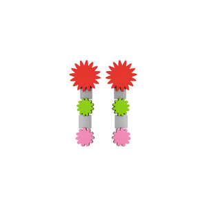 Ayla Bloom earrings with red sunburst, soft pink and green accents and silver details by ISLI Studio