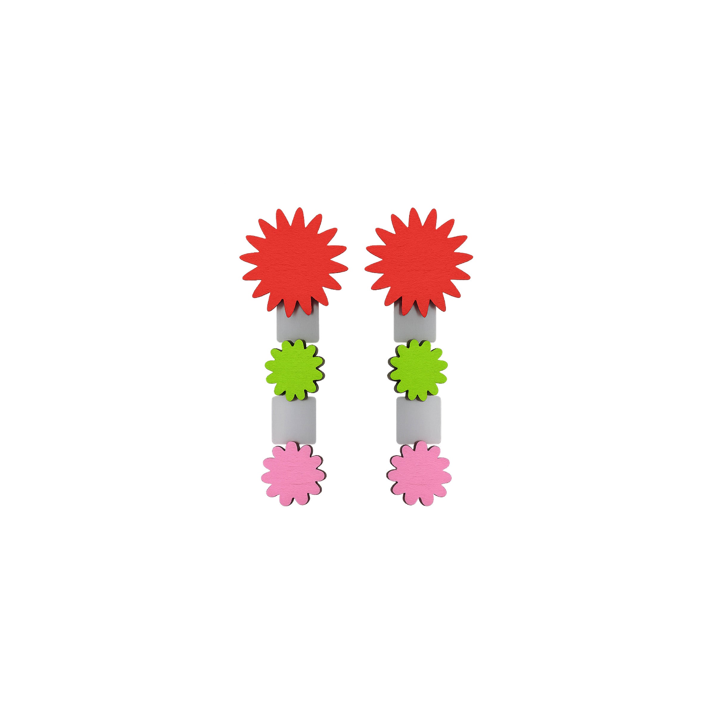 Ayla Bloom earrings with red sunburst, soft pink and green accents and silver details by ISLI Studio