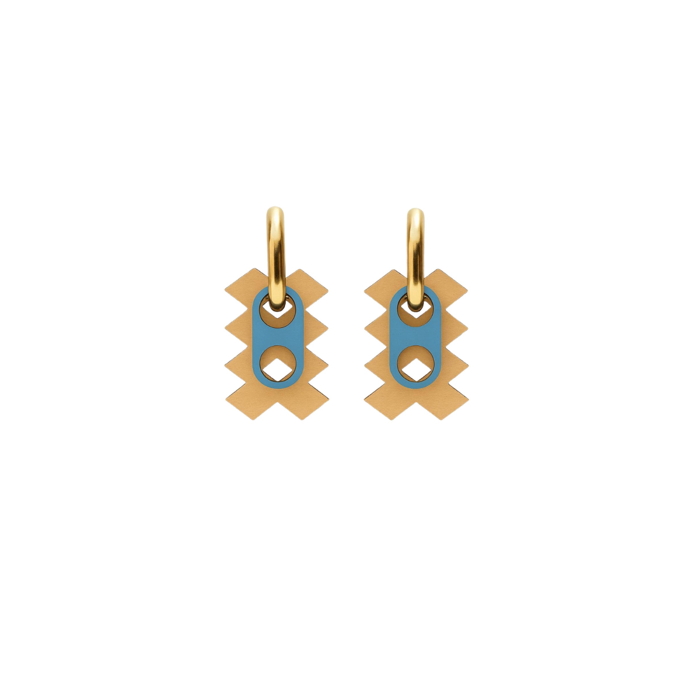 Azel Tifawin layered beige diamond earrings with sky-blue centerpiece on gold hoop by ISLI Studio