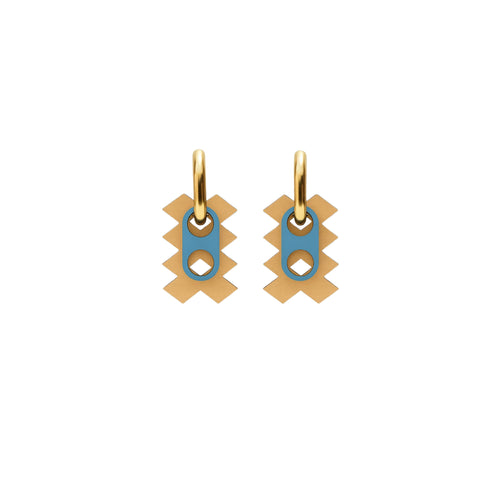 Azel Tifawin layered beige diamond earrings with sky-blue centerpiece on gold hoop by ISLI Studio