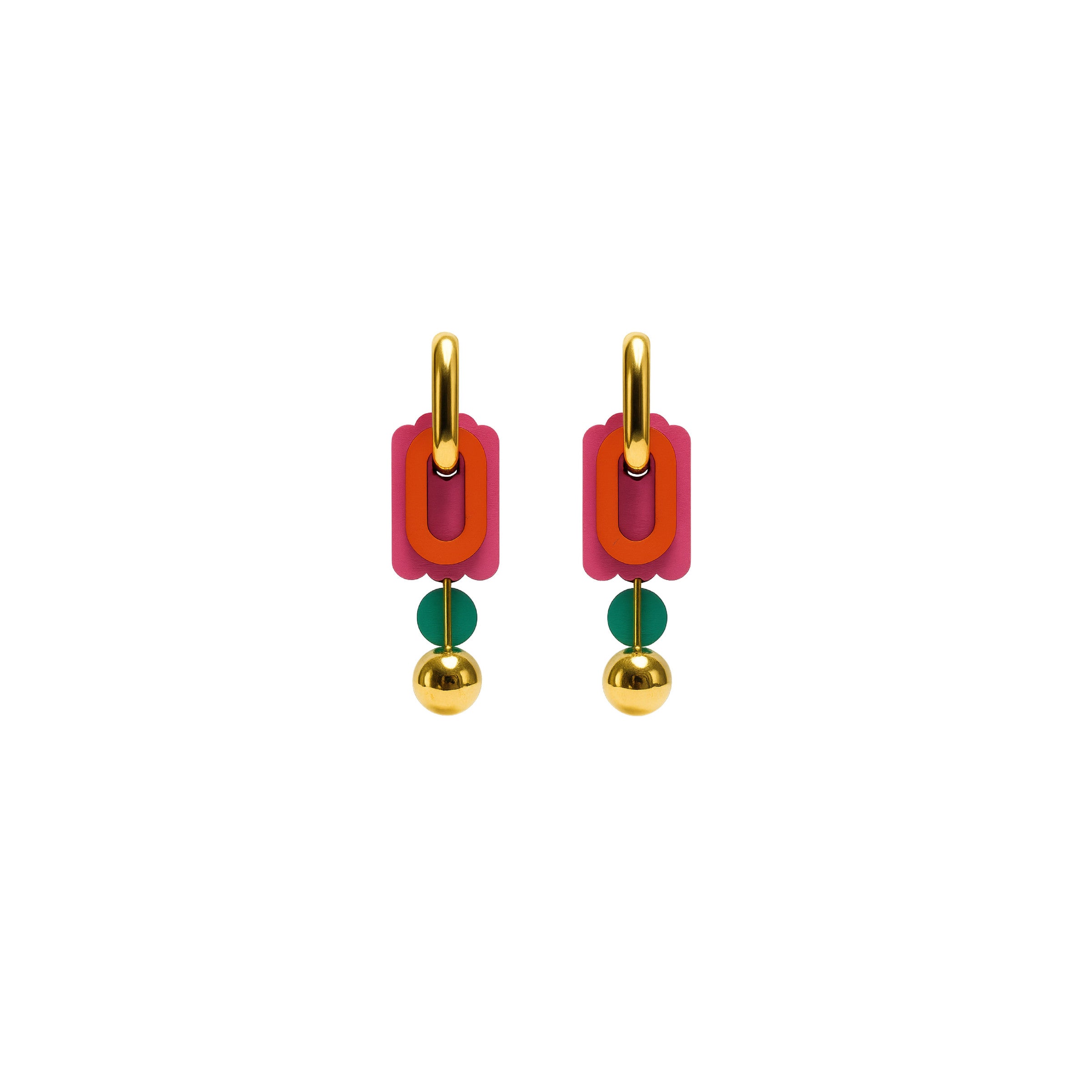 Raya colorful layered earrings in pink and orange with teal accent and gold sphere by ISLI Studio