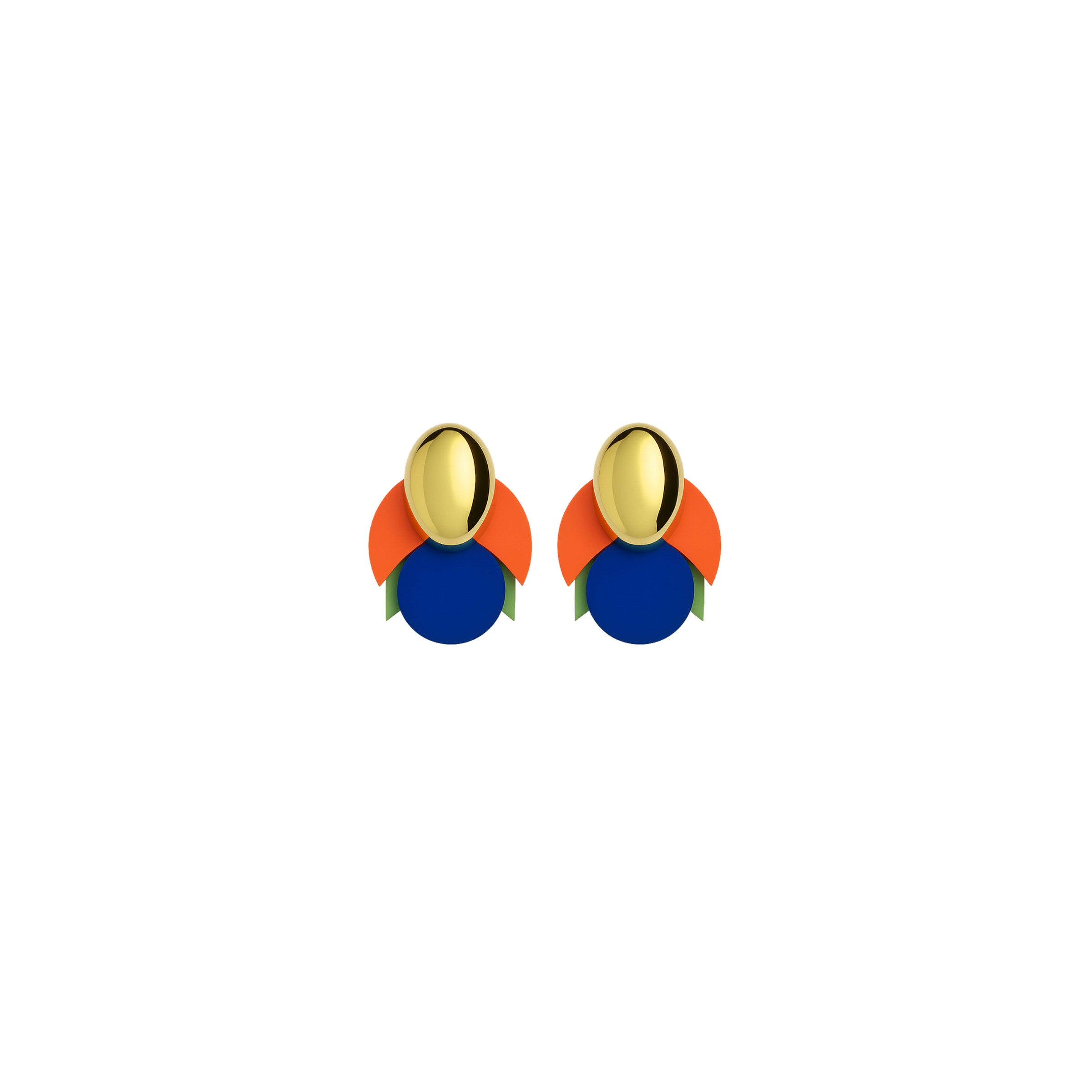 Azwaw layered earrings with glossy gold oval and bold orange, blue and green arcs by ISLI Studio