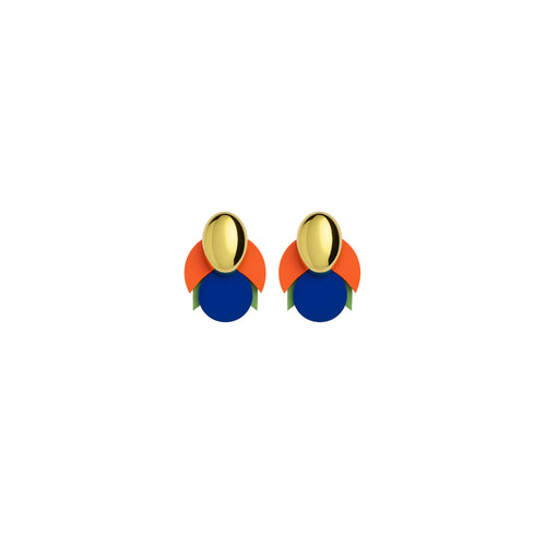 Azwaw layered earrings with glossy gold oval and bold orange, blue and green arcs by ISLI Studio