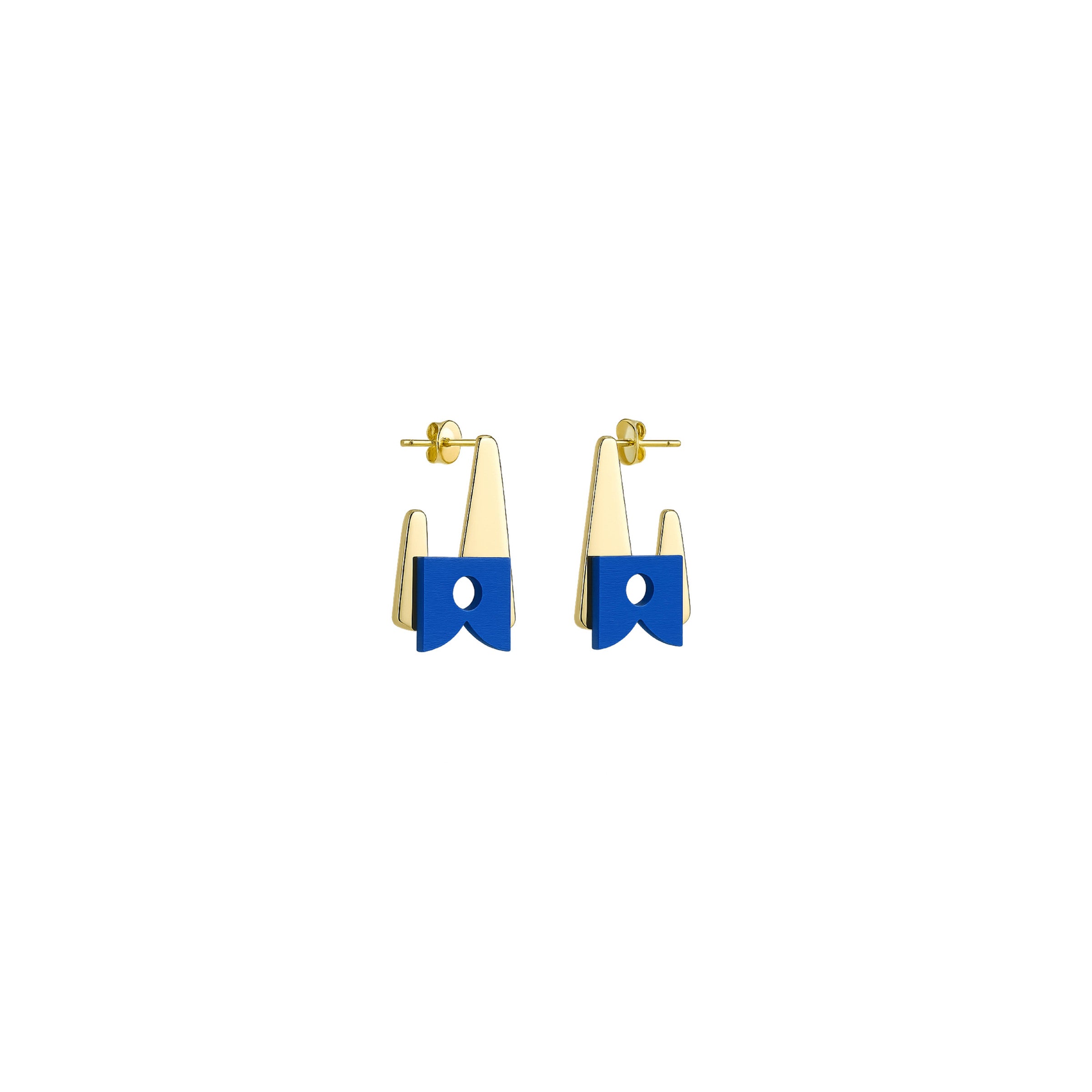 Atlas Blue earrings with angular gold shapes and deep blue cutout accent by ISLI Studio