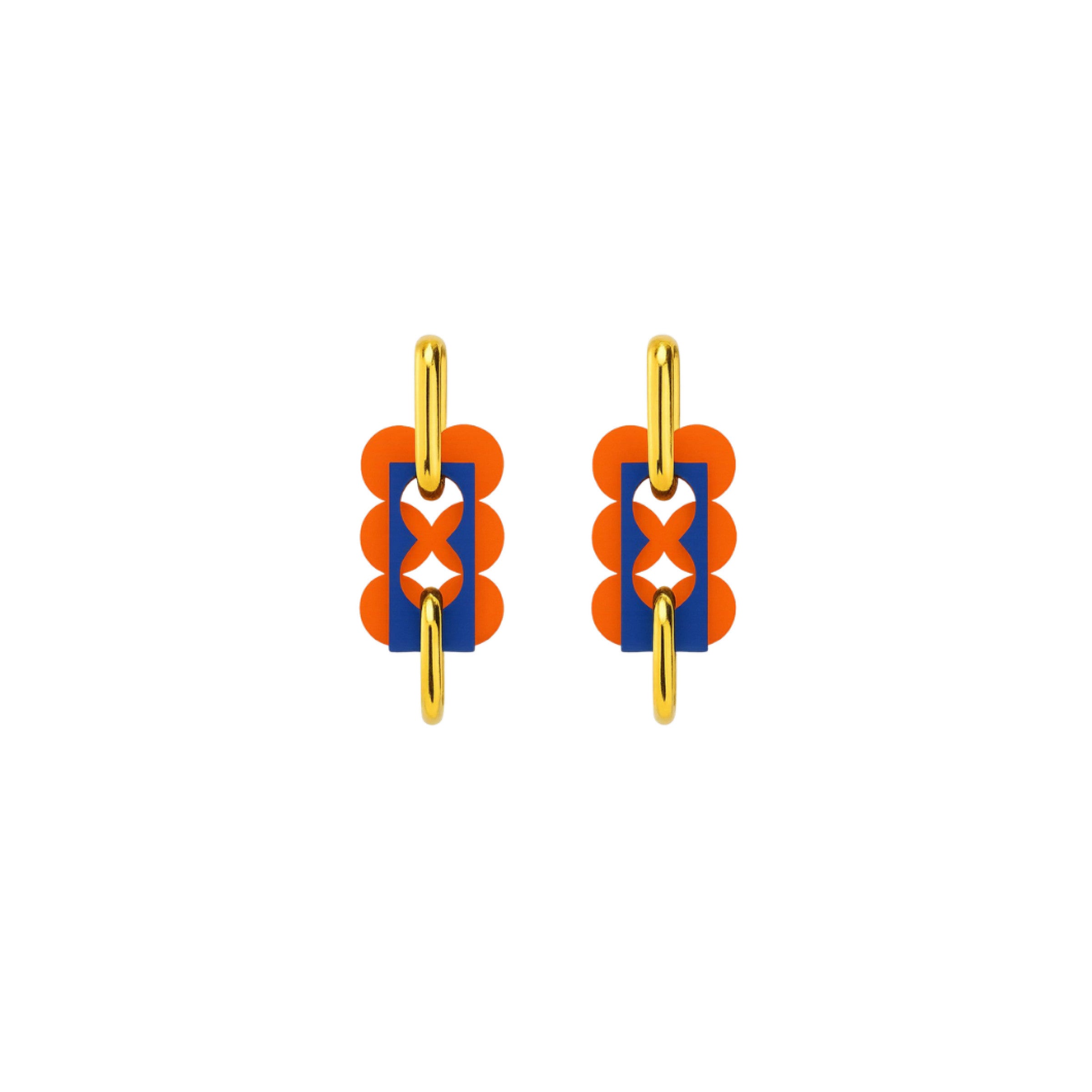 Alia scalloped orange and blue layered earrings with a warm gold hoop by ISLI Studio