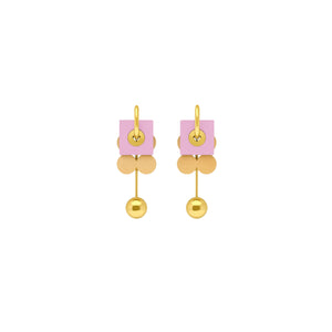 Naila geometric earrings with lilac squares, layered beige circles and gold hoop by ISLI Studio