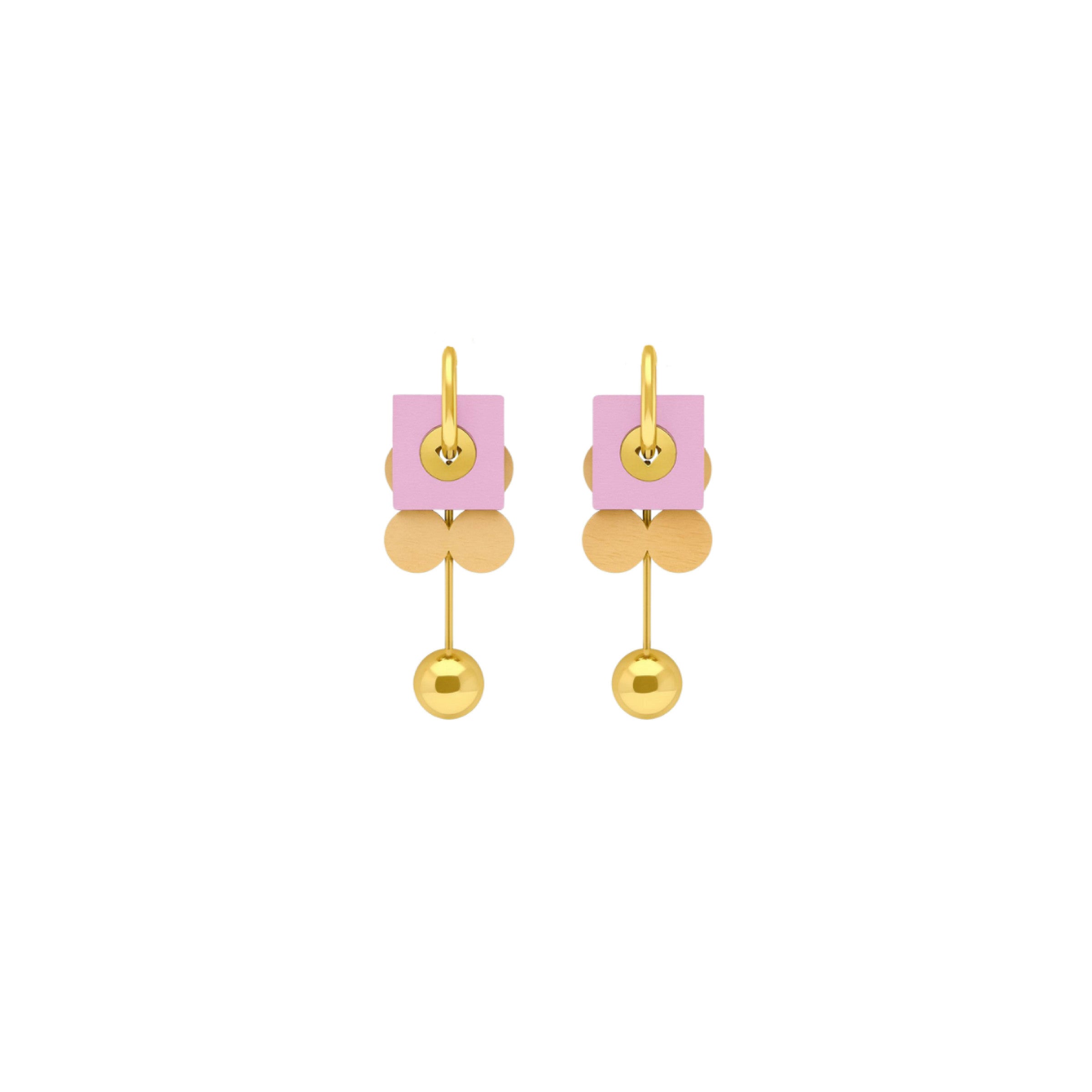 Naila geometric earrings with lilac squares, layered beige circles and gold hoop by ISLI Studio