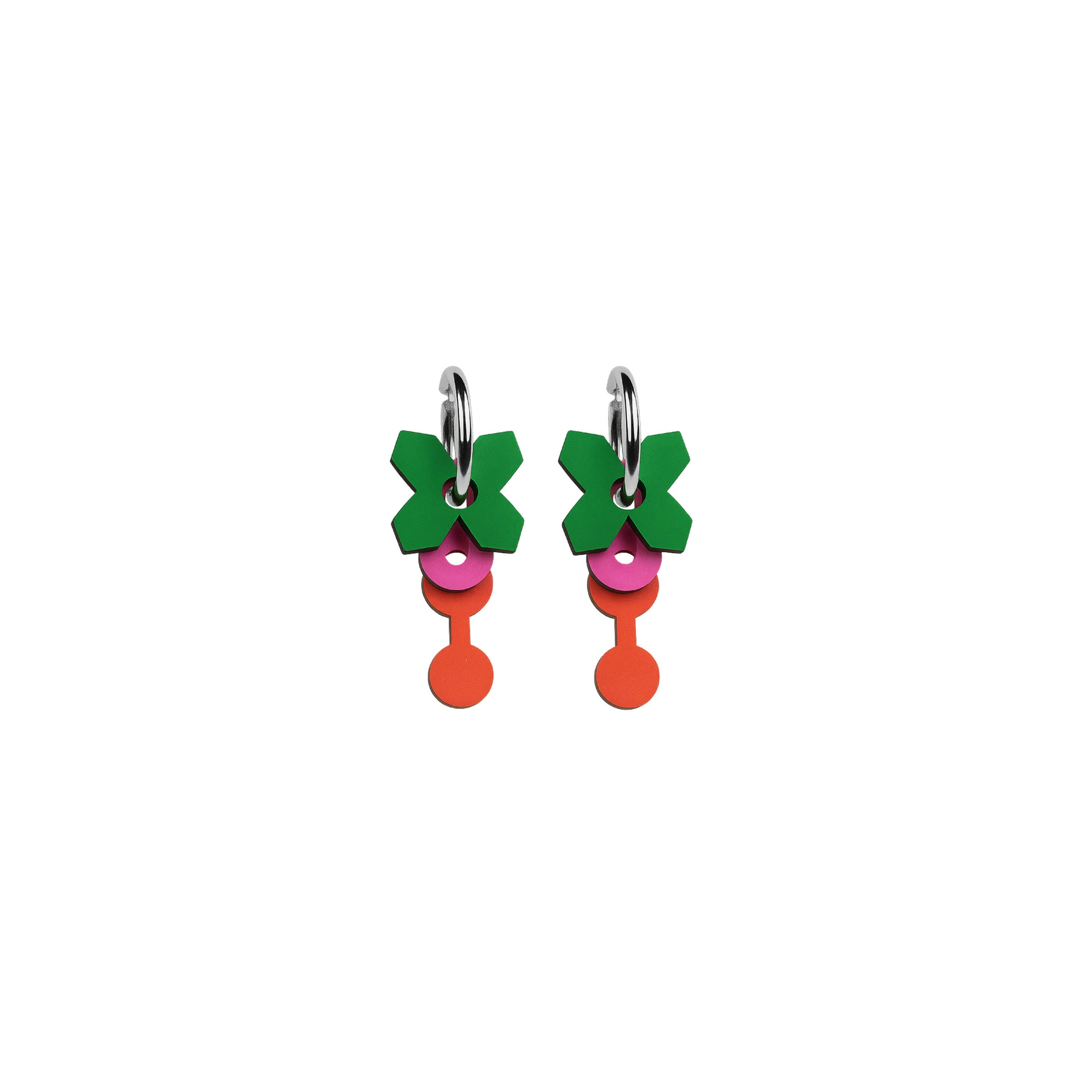 Arwa earrings with deep green floral shapes, pink and orange accents on a silver hook by ISLI Studio
