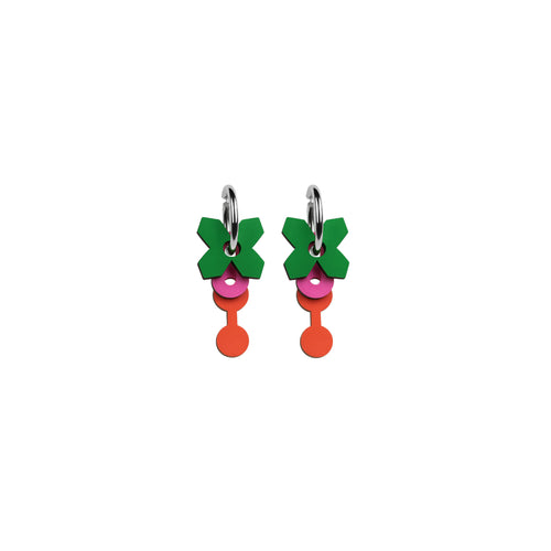 Arwa earrings with deep green floral shapes, pink and orange accents on a silver hook by ISLI Studio