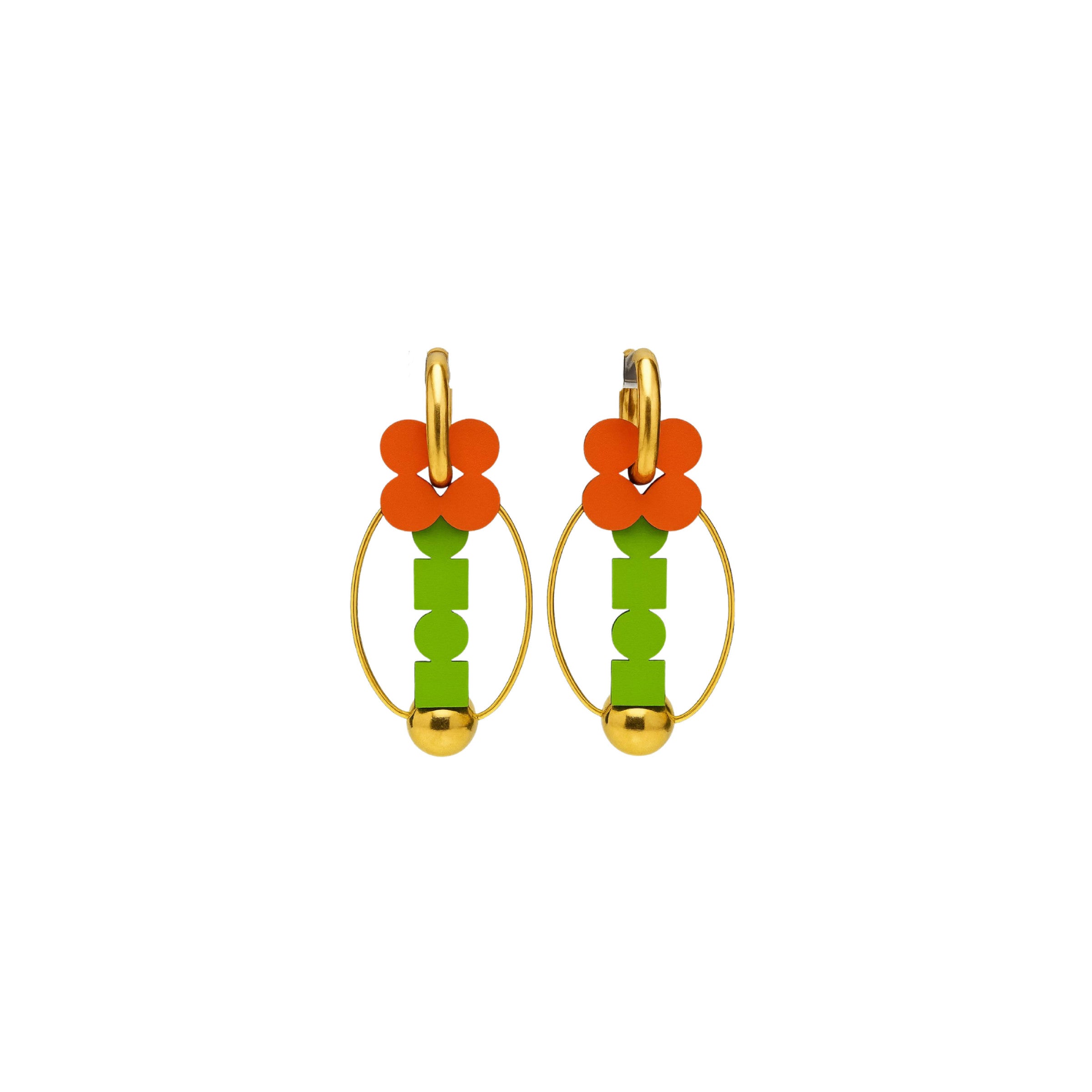 Jardin Darah gold oval hoop earrings with orange blossom and stacked green drop by ISLI Studio