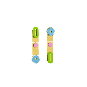 Awrir Soleil earrings with green ovals, lilac circles and sky-blue spikes by ISLI Studio