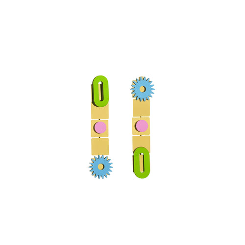Awrir Soleil earrings with green ovals, lilac circles and sky-blue spikes by ISLI Studio