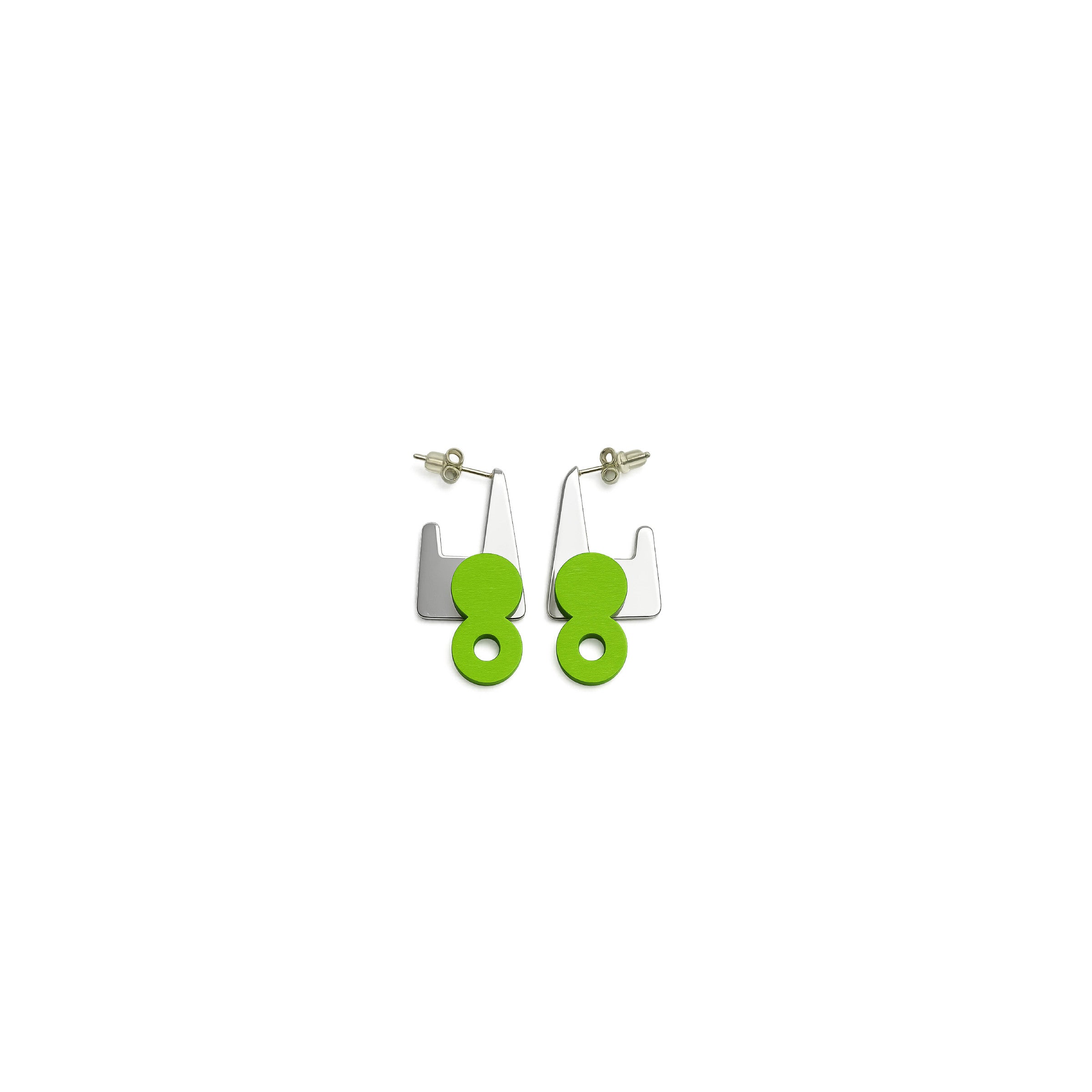 Aytma contemporary stud earrings in sleek silver with bright lime-green double circles by ISLI Studio