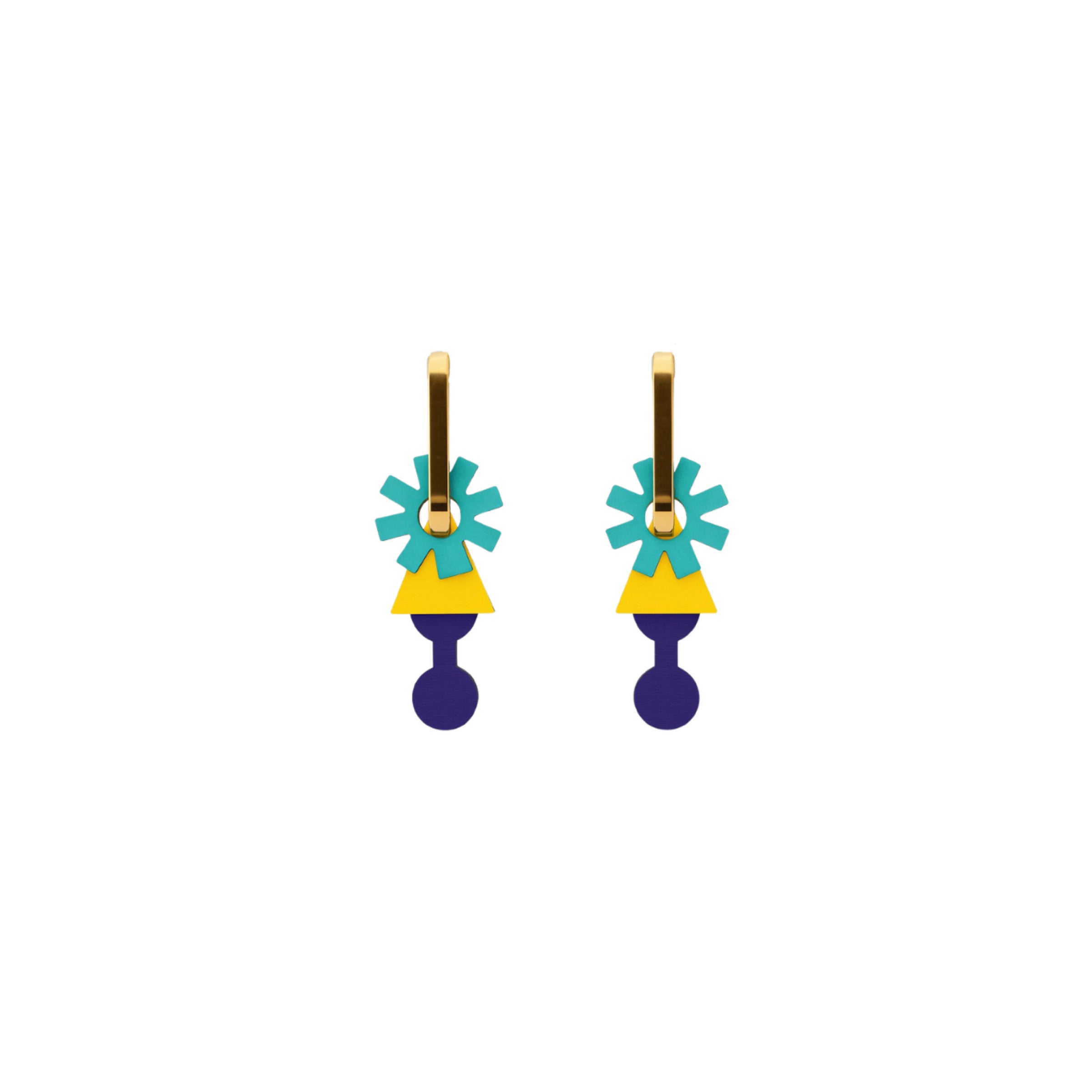 Atlas Stardrops earrings stacking teal bursts, golden triangles and violet shapes under a polished hoop by ISLI Studio