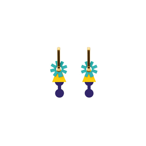 Atlas Stardrops earrings stacking teal bursts, golden triangles and violet shapes under a polished hoop by ISLI Studio