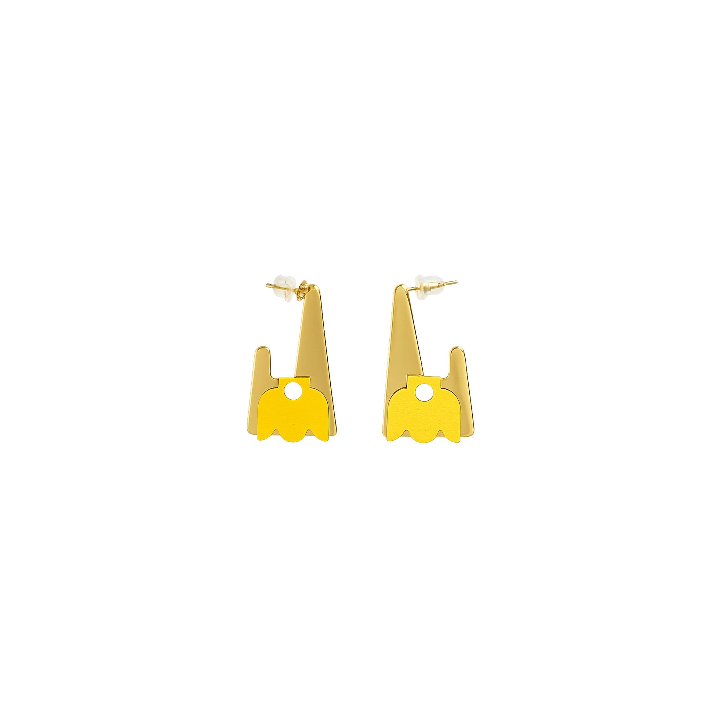 Tilila angular gold line earrings with mustard floral motif by ISLI Studio