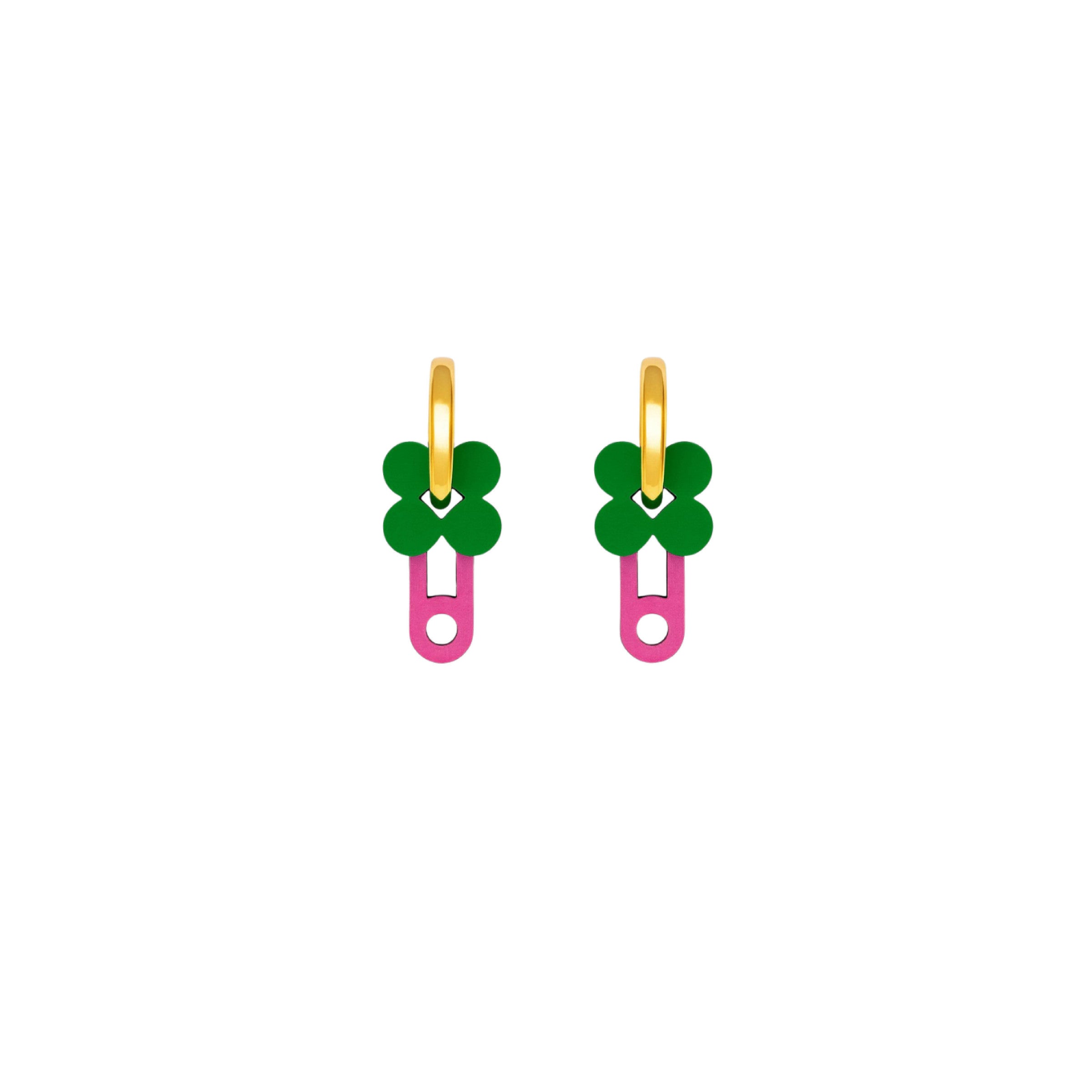 Tala bright green clover and magenta geometric drop earrings on gold hoop by ISLI Studio
