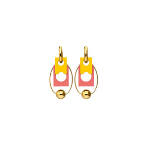 Mosaic de Paris gold hoop earrings with yellow and red cutout geometric drop and sphere by ISLI Studio