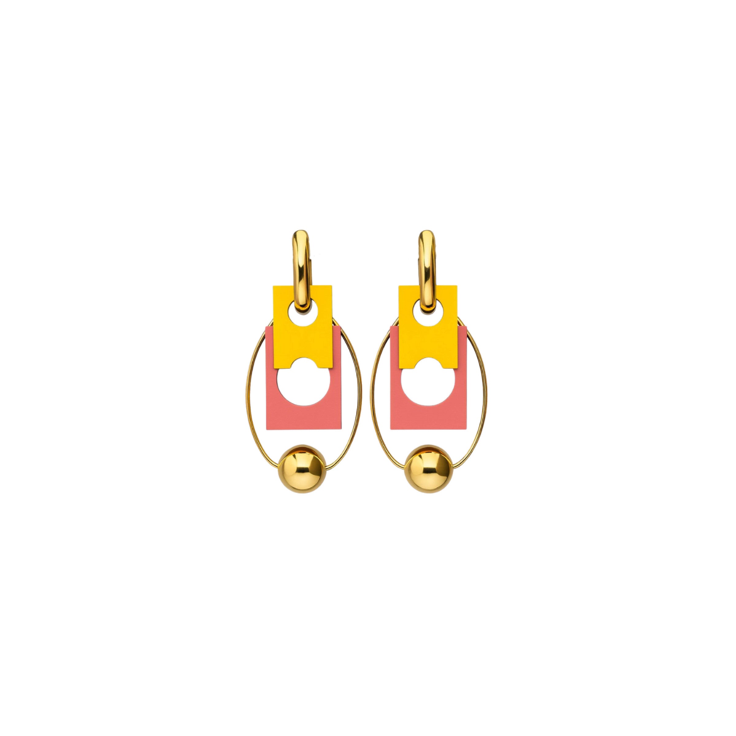 Mosaic de Paris gold hoop earrings with yellow and red cutout geometric drop and sphere by ISLI Studio