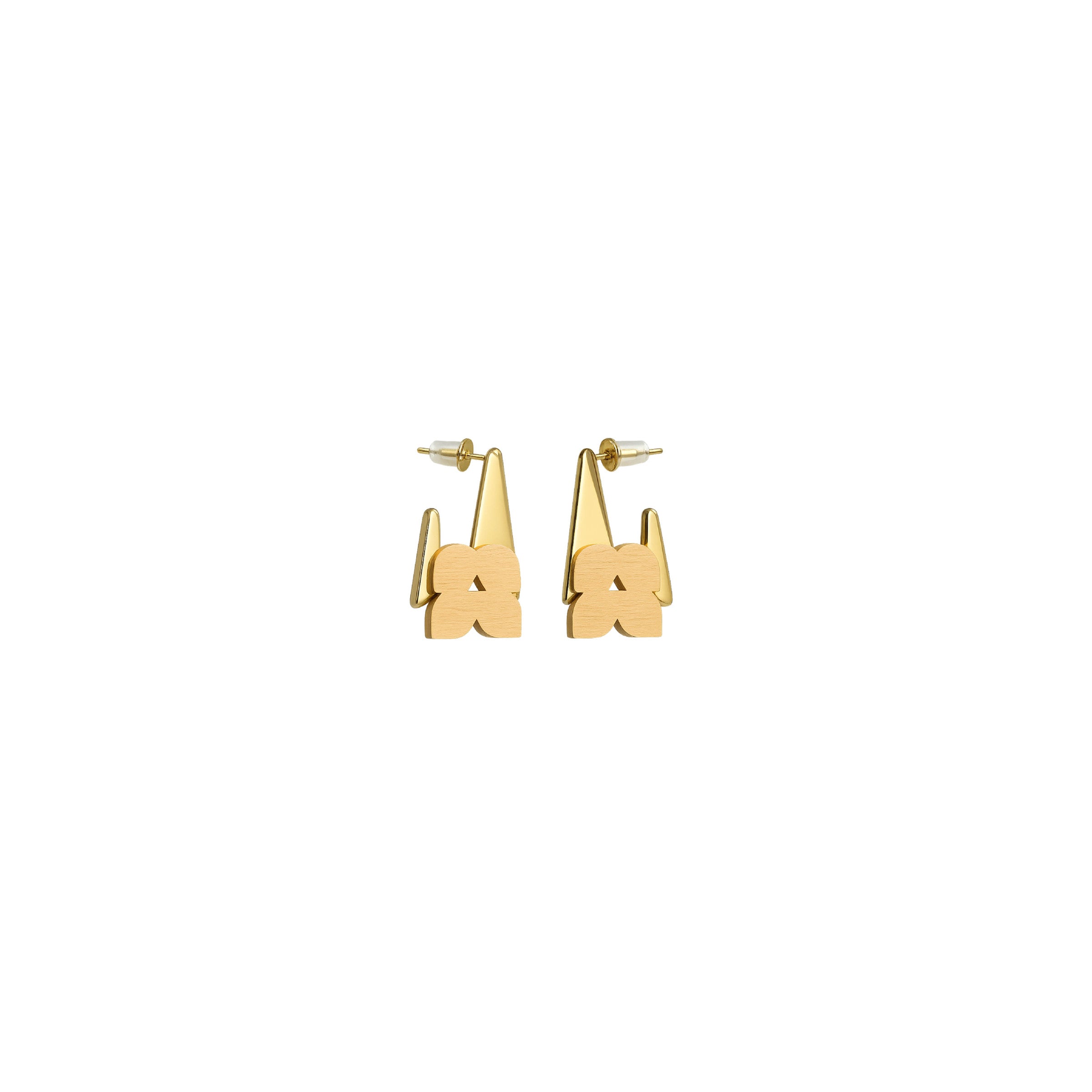 Kasbah Fleur earrings with angular gold pieces framing a soft beige floral-inspired shape by ISLI Studio