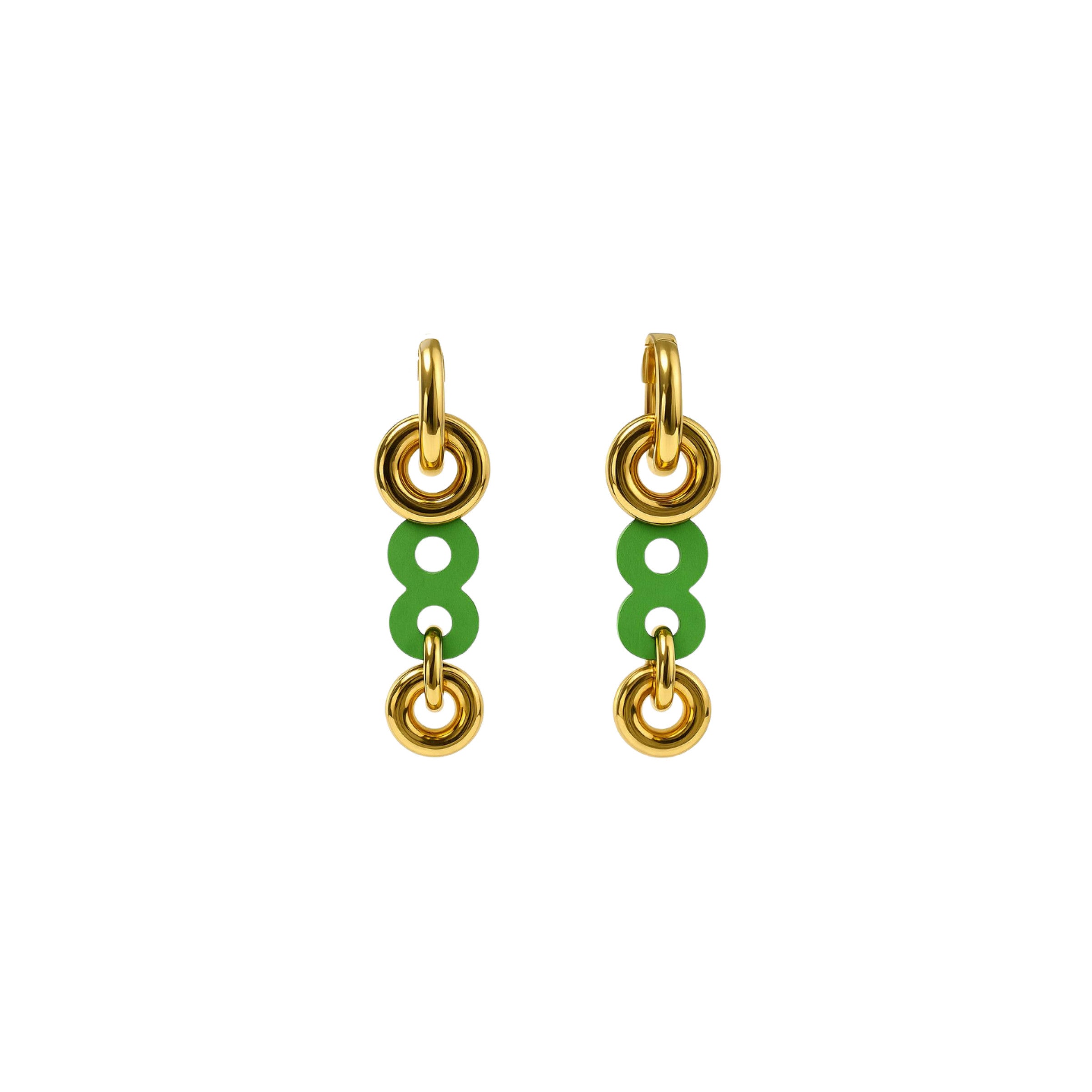 Ziri earrings with linked gold rings and a green double-circle center by ISLI Studio