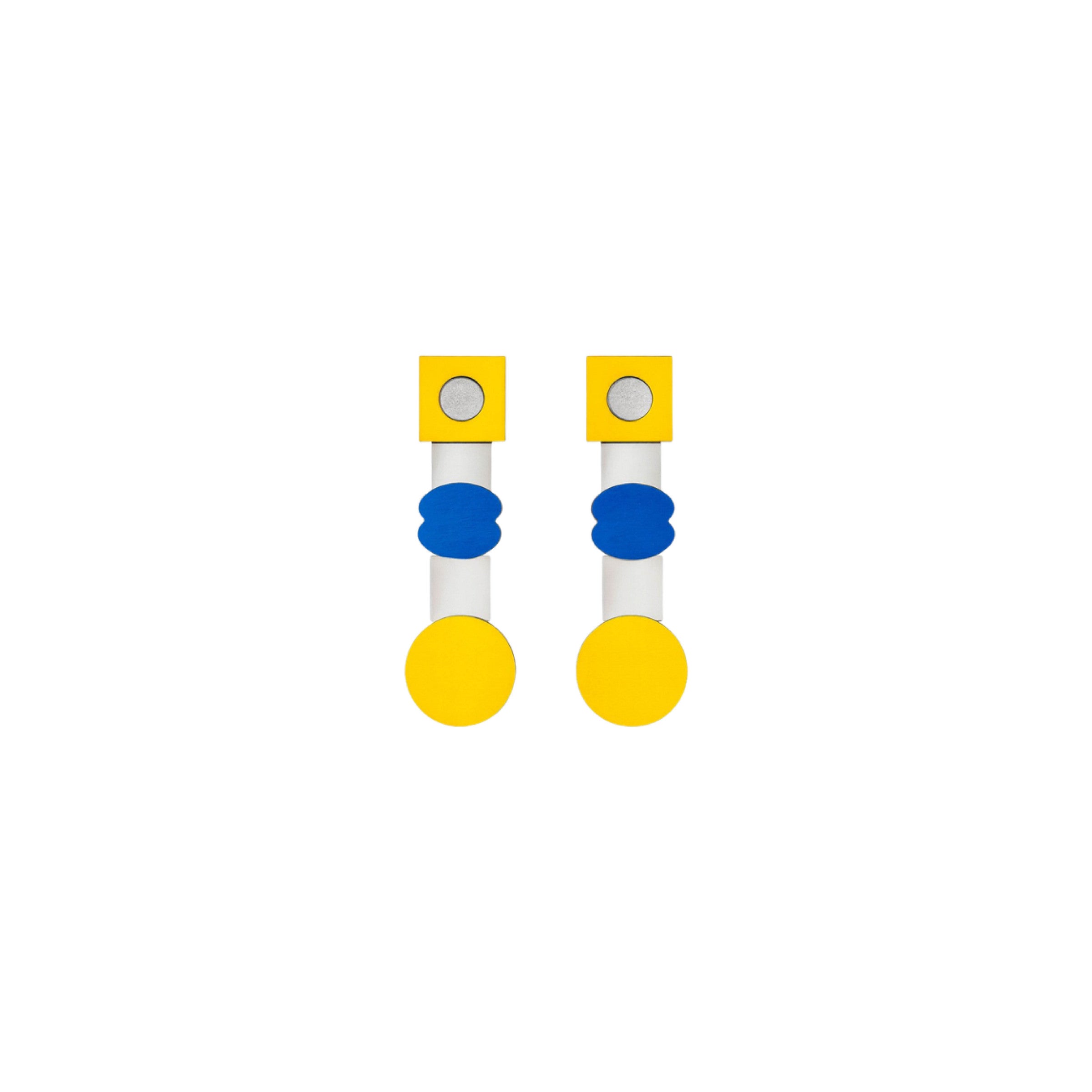 Bauhaus Marrakech earrings with yellow, blue and silver geometric stack and reflective shine by ISLI Studio