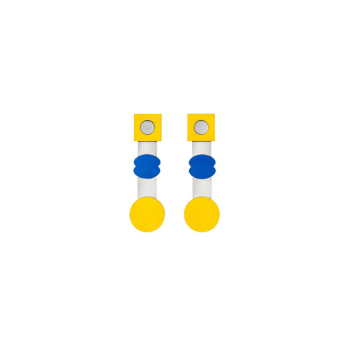 Bauhaus Marrakech earrings with yellow, blue and silver geometric stack and reflective shine by ISLI Studio