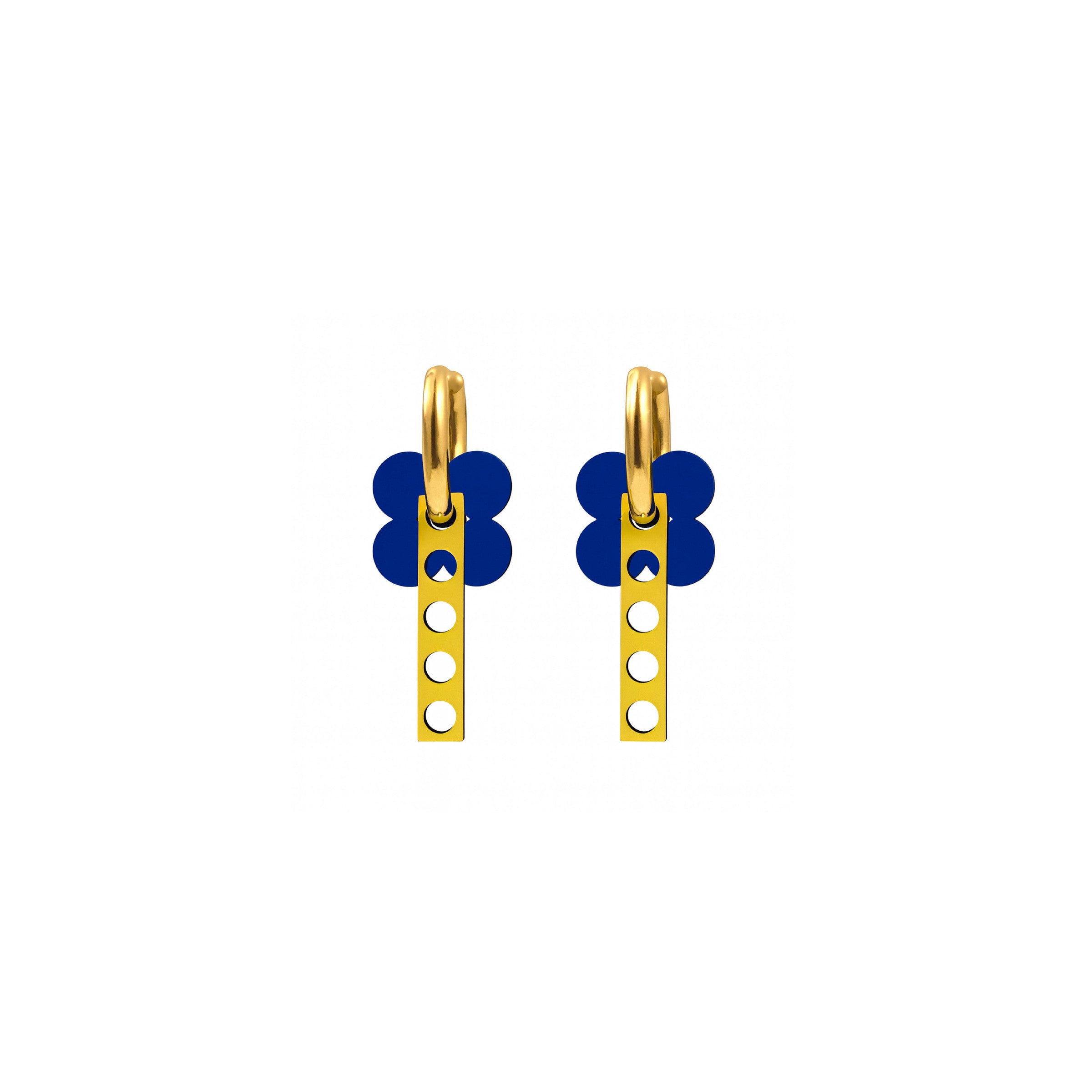 Golden Medina Clover earrings with a cobalt-blue clover, yellow cutout bar and warm gold hoop by ISLI Studio