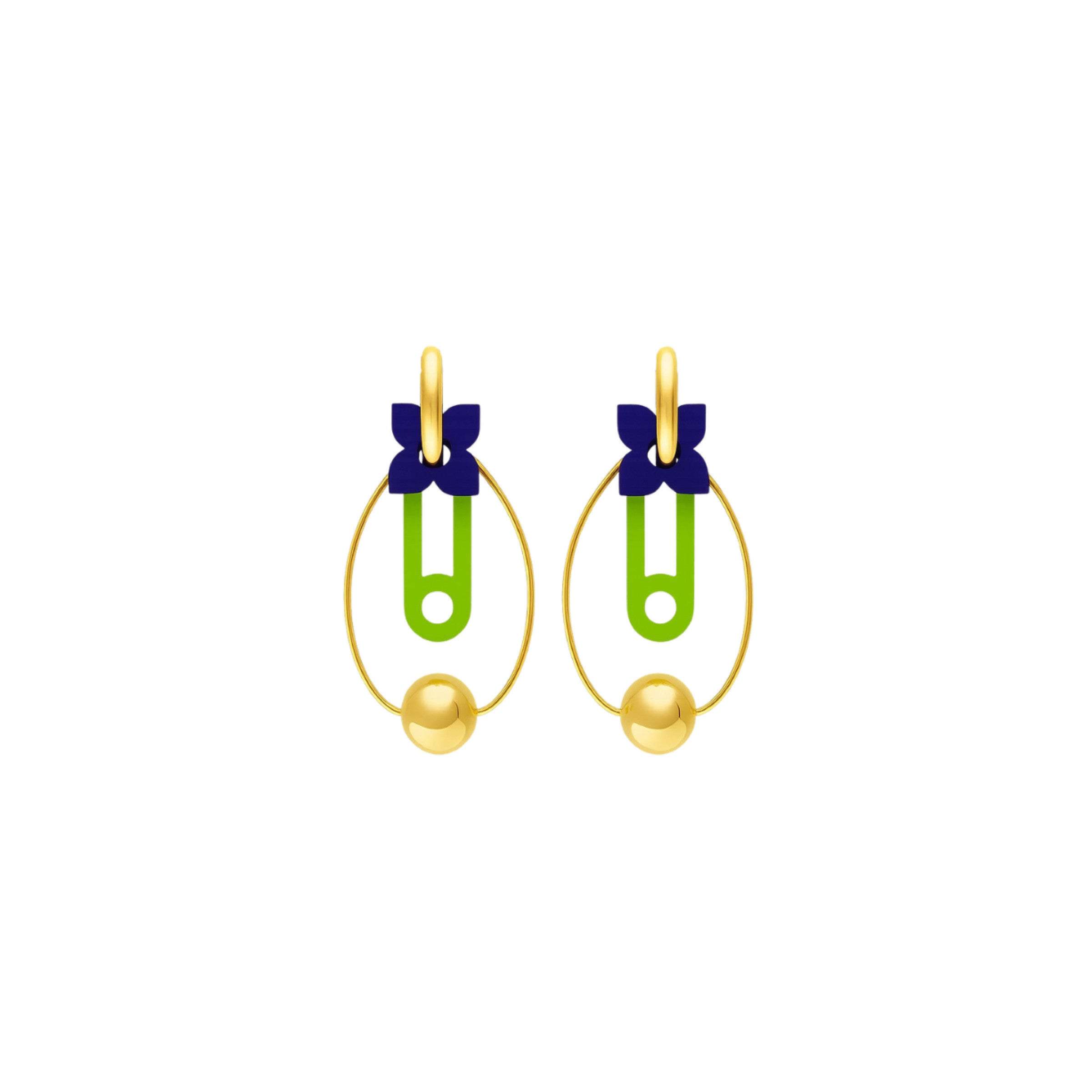 Fes Medina navy bow and bright green geometric drop earrings on gold oval hoop by ISLI Studio