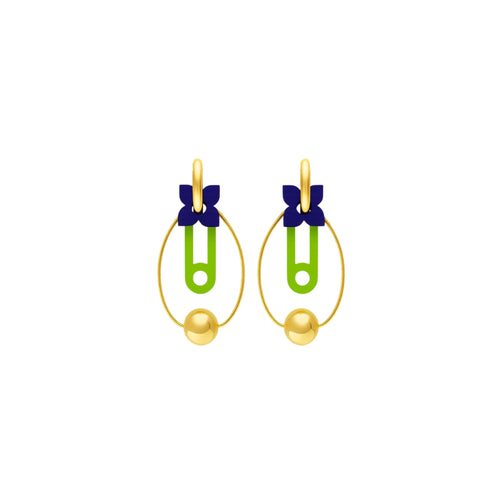 Fes Medina navy bow and bright green geometric drop earrings on gold oval hoop by ISLI Studio