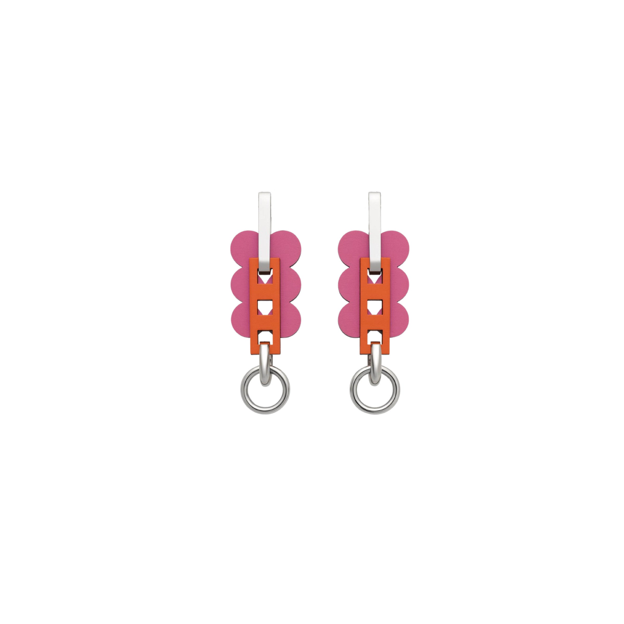 Dina earrings with bright pink scallops, bold orange frame and polished silver hook by ISLI Studio
