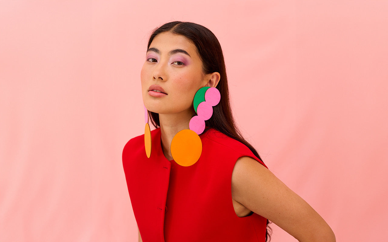 Tazrart long wooden drop earrings in vivid colors, 19 cm handmade design by ISLI Studio