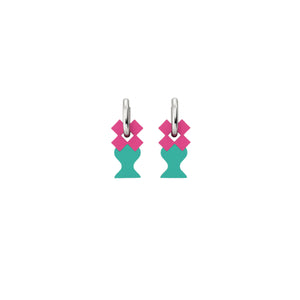 Yasm two-tone earrings with fuchsia geometric motif, teal silhouette and silver hoop by ISLI Studio