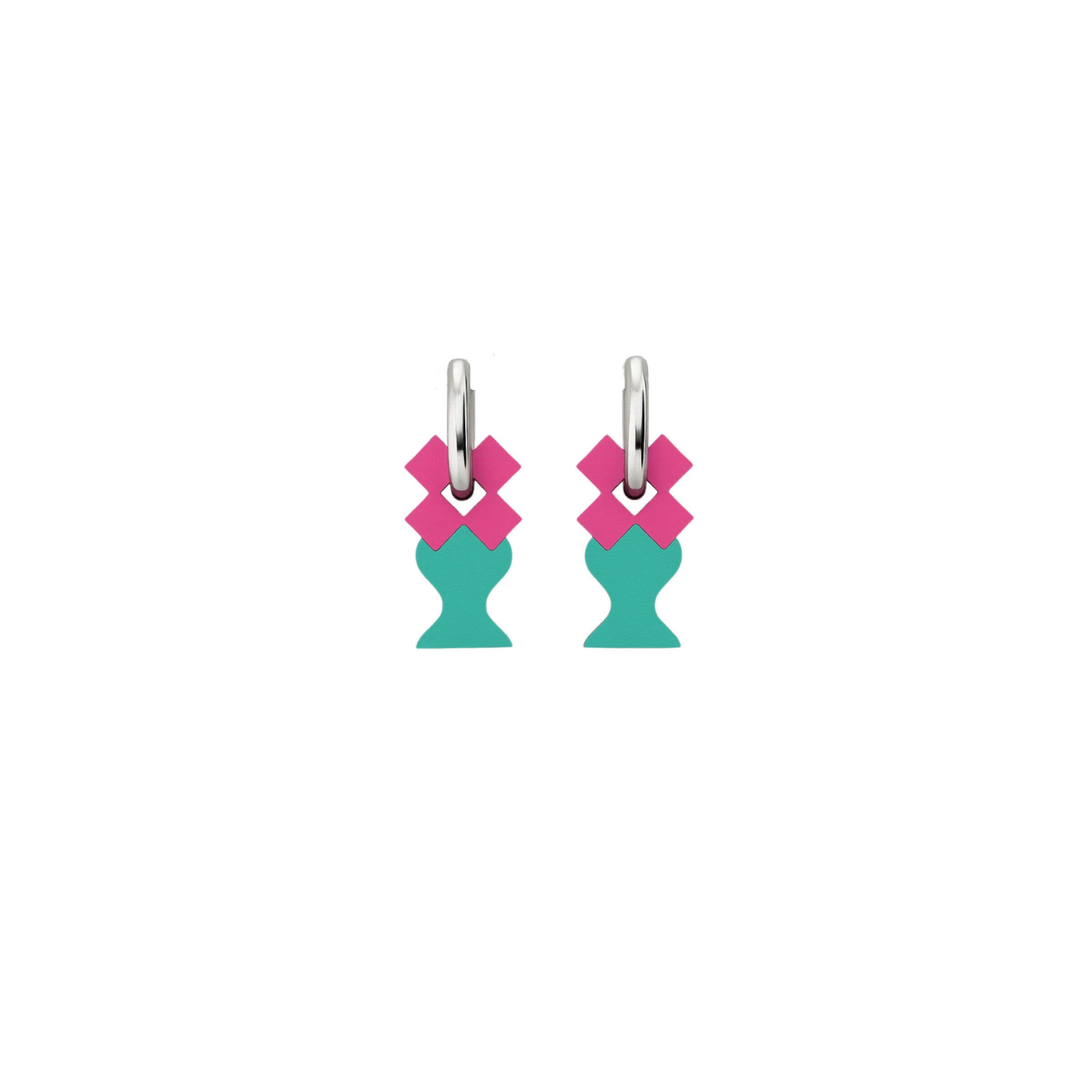 Yasm two-tone earrings with fuchsia geometric motif, teal silhouette and silver hoop by ISLI Studio