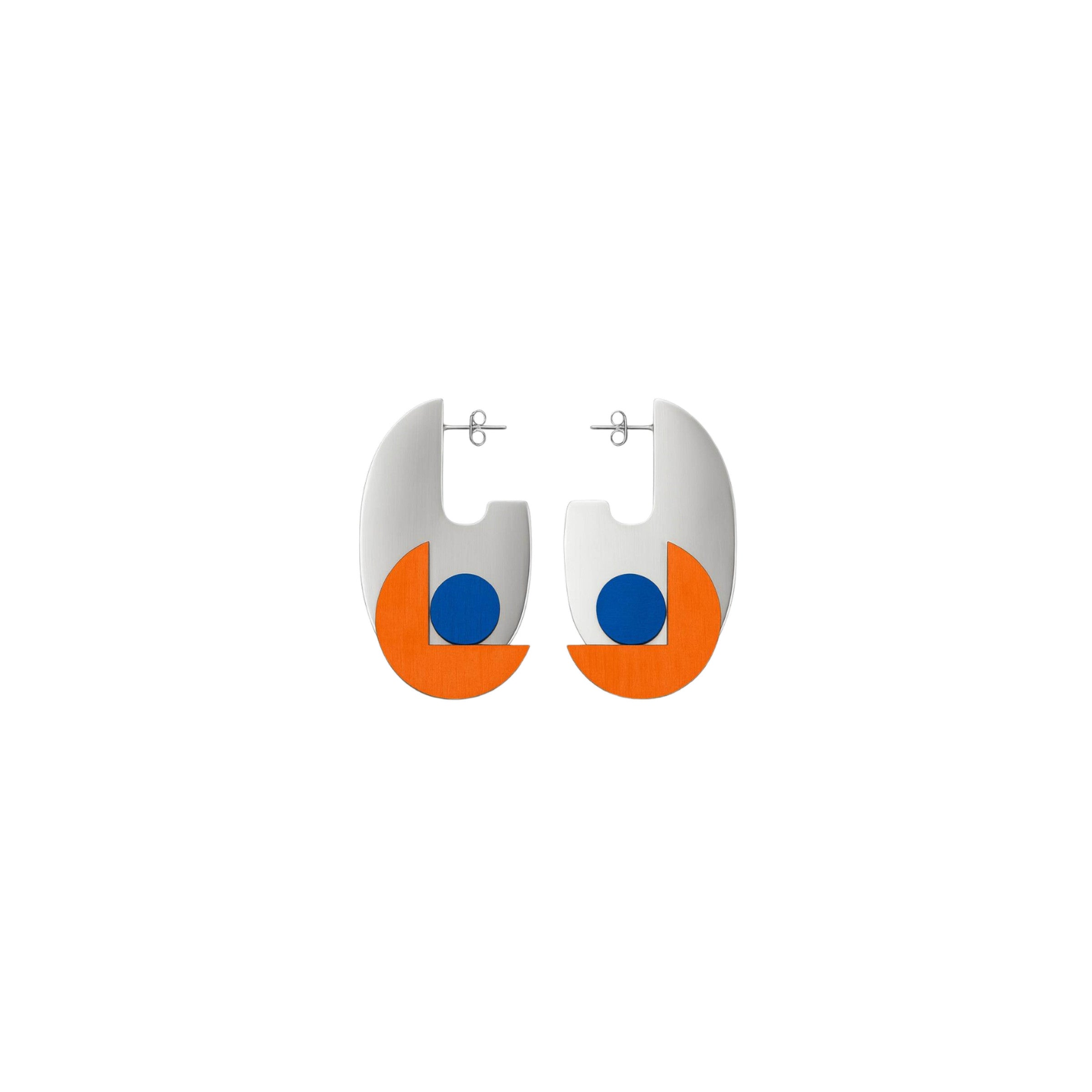 Zina earrings with curved silver panels, orange semicircles and a vivid blue dot by ISLI Studio