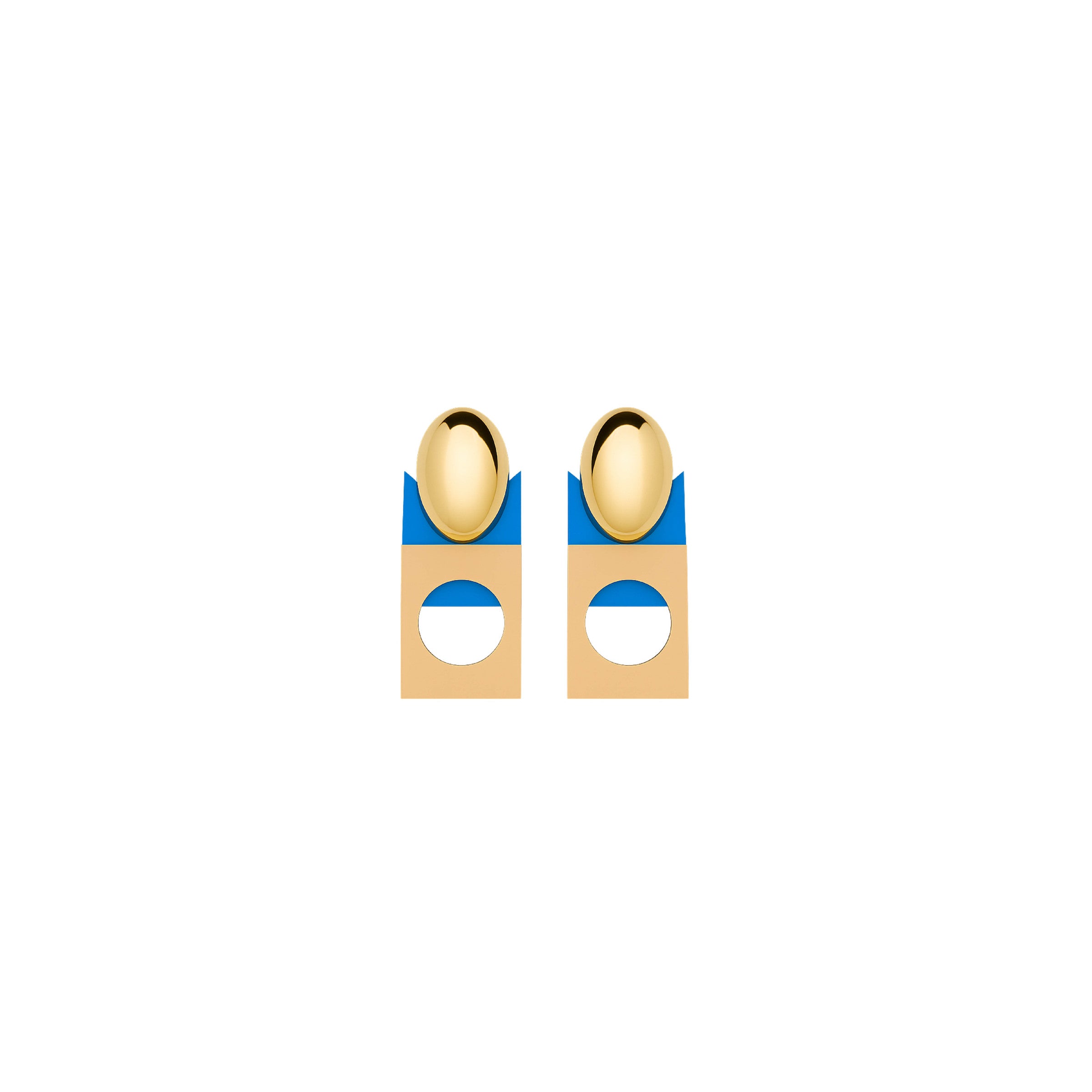 Solaya earrings with a gold oval top, sky blue and beige geometric drop and cut-out circle by ISLI Studio