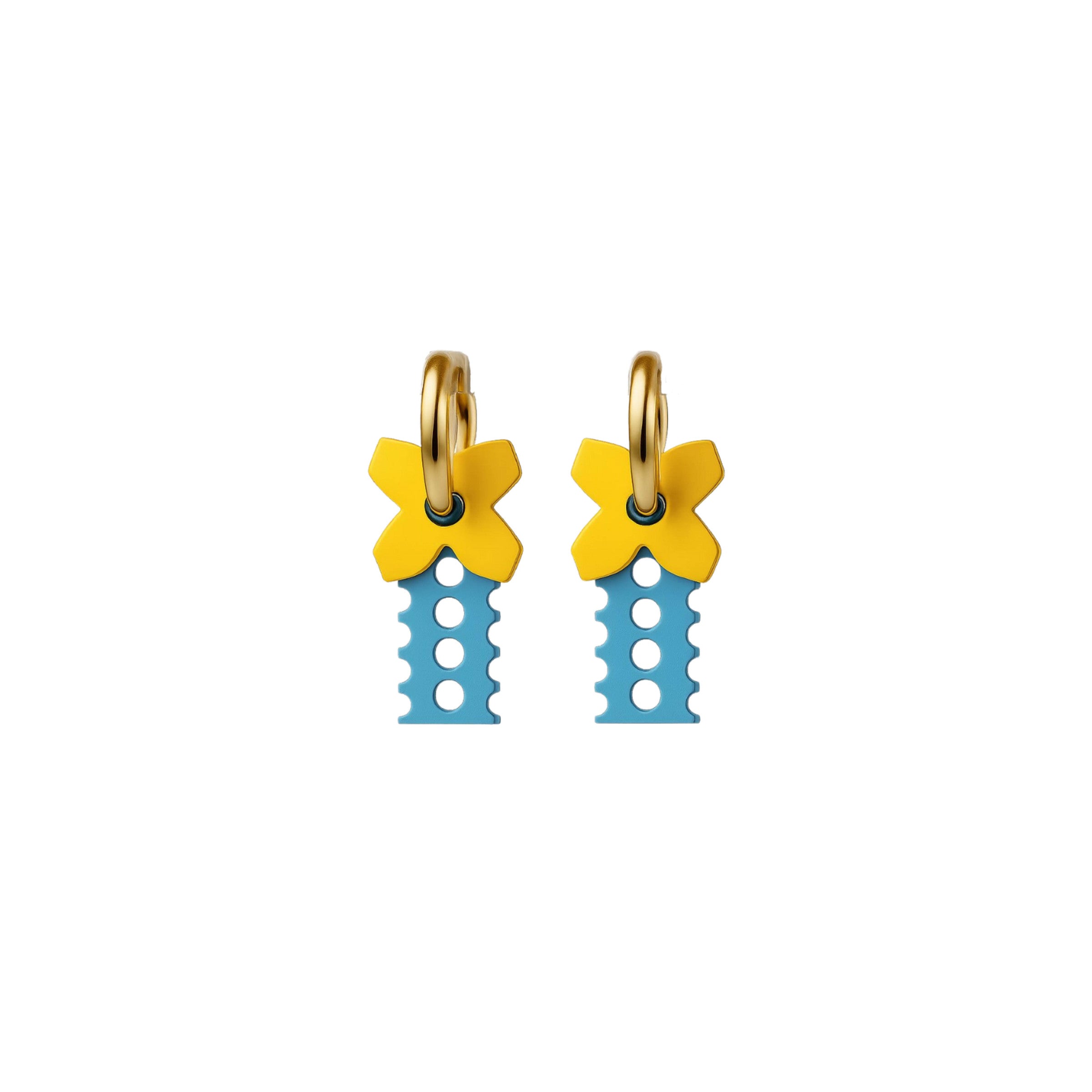 Majorelle Filigree Hoops with a yellow bow and sky-blue dotted drop on a warm gold hoop by ISLI Studio