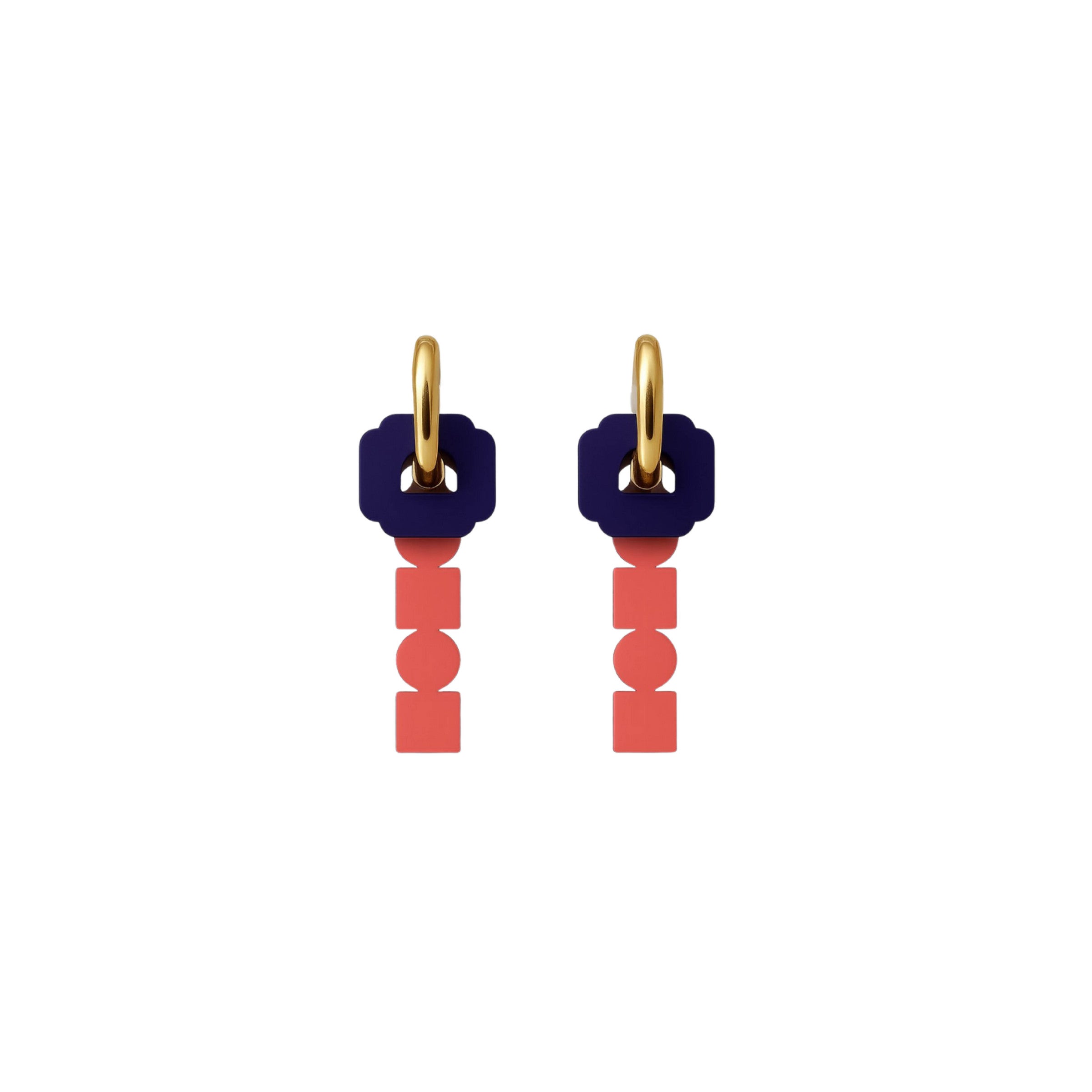 Med-ina gold hoop earrings with salmon pink top and stacked purple geometric drop by ISLI Studio