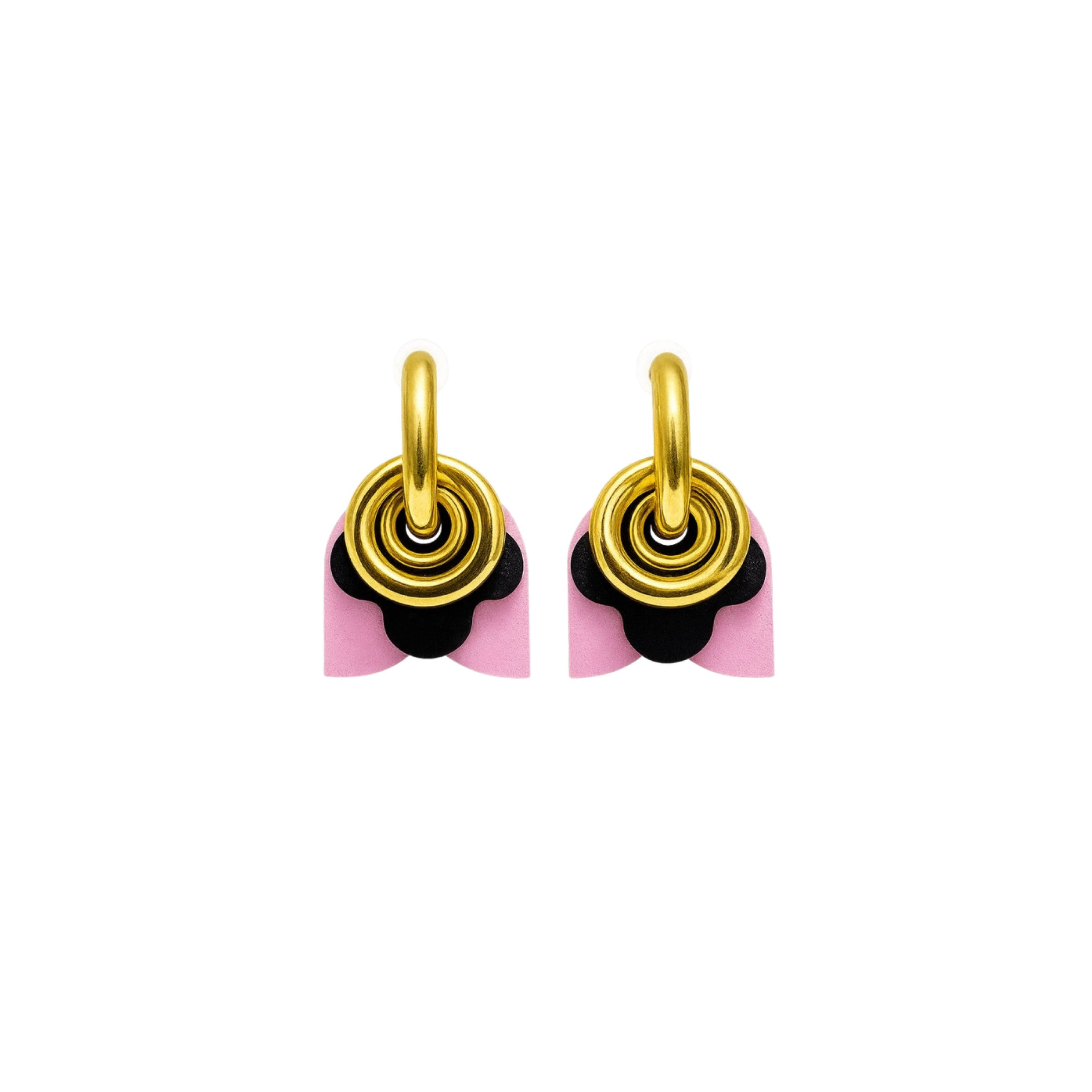 Oasis Spark earrings pairing gold rings with lilac and black shapes in a curved layered silhouette by ISLI Studio
