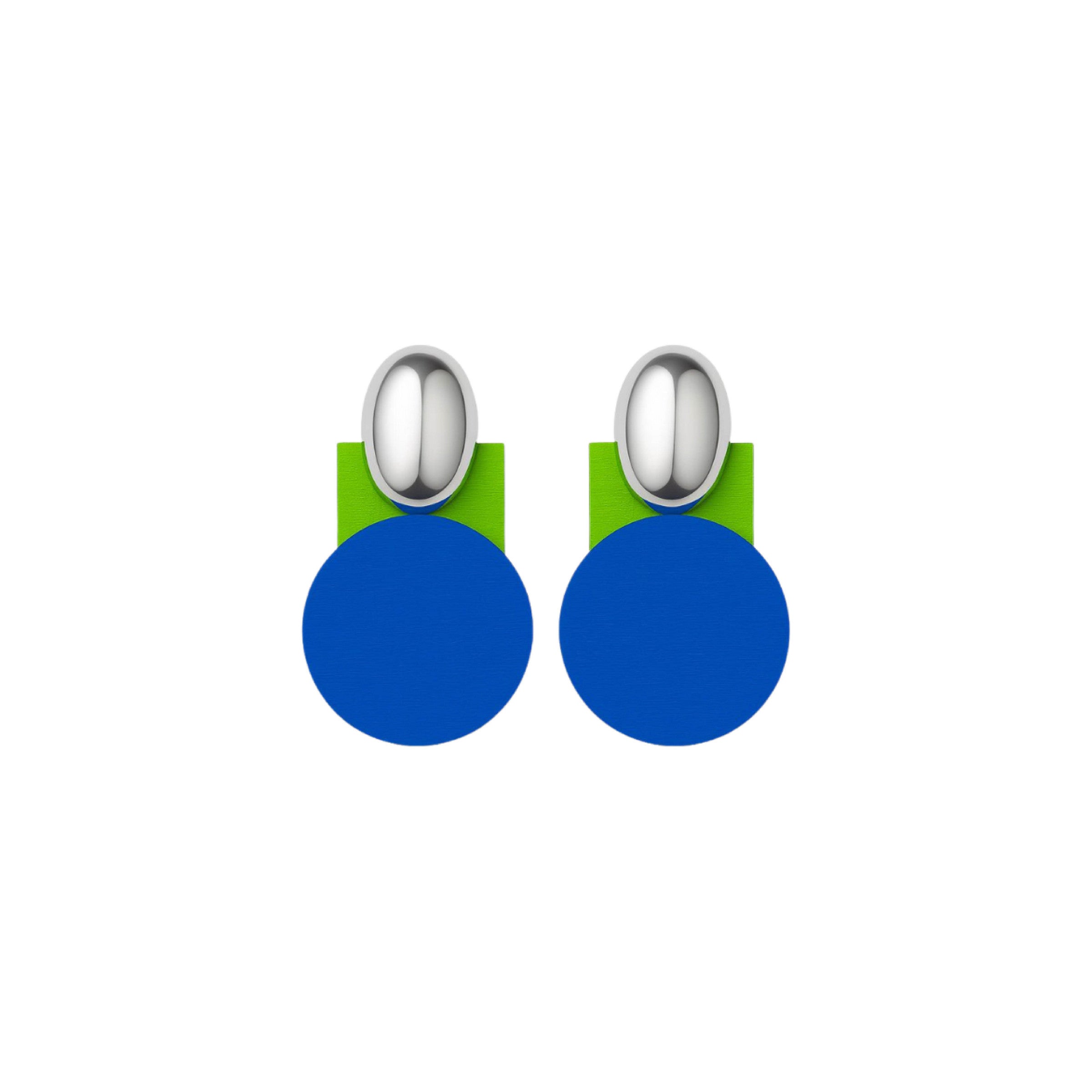 Oasis Minimal Drops color-block earrings with a silver stud, bright green base and cobalt blue circle by ISLI Studio