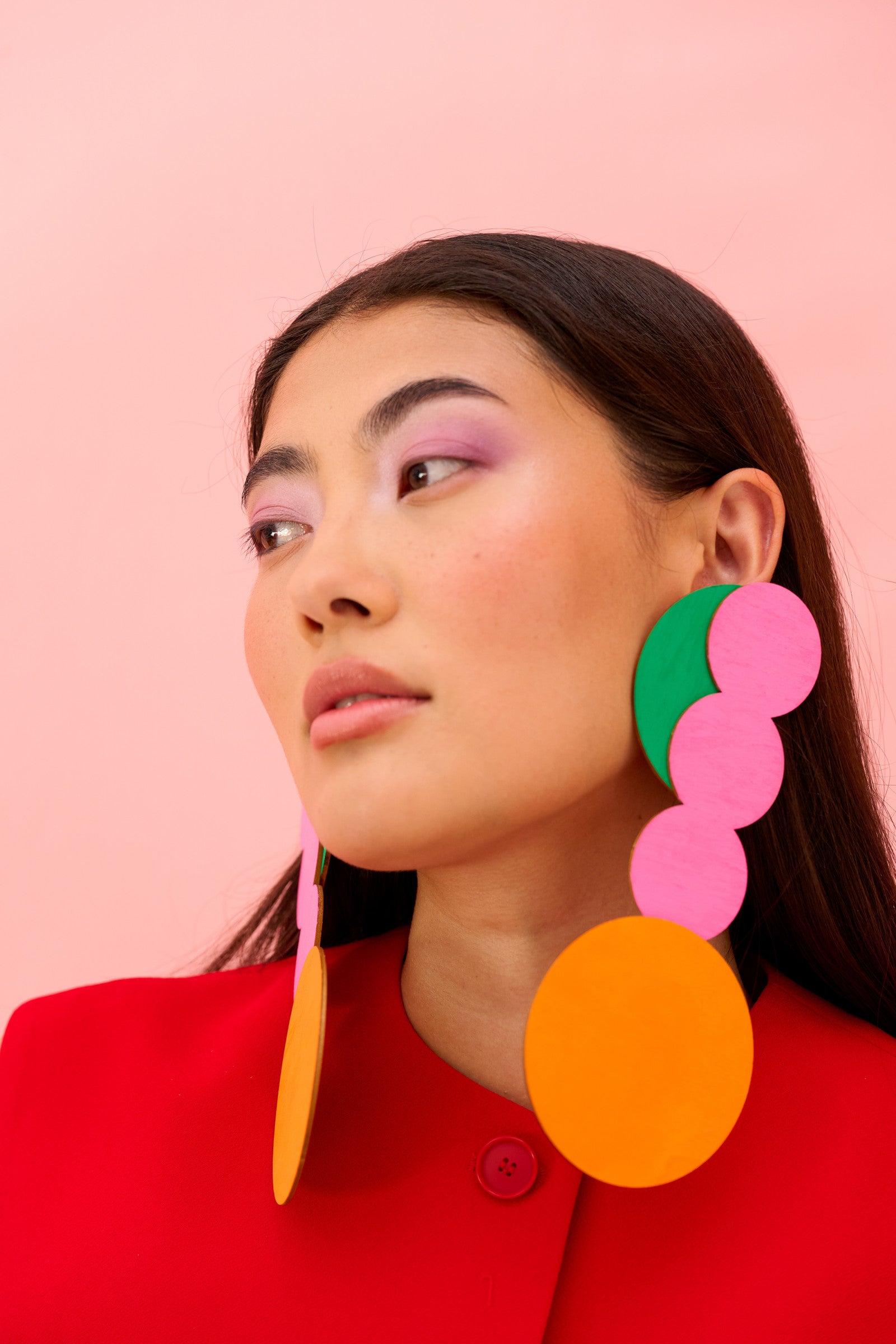 Tazrart colorful 19 cm wooden earrings shown in detail, unique handmade piece by ISLI Studio