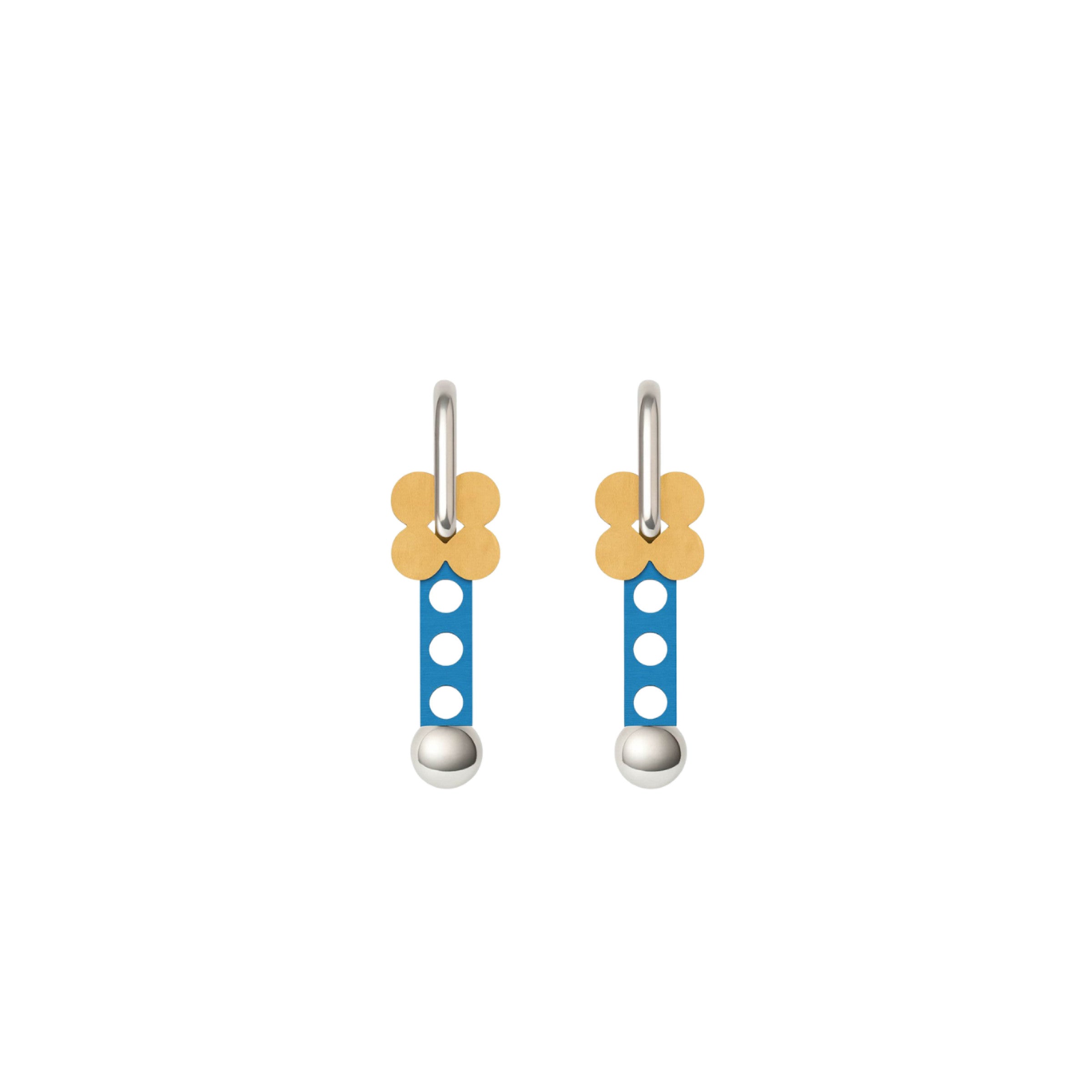 Cashah Clover beige floral and sky-blue bar earrings with silver bead by ISLI Studio