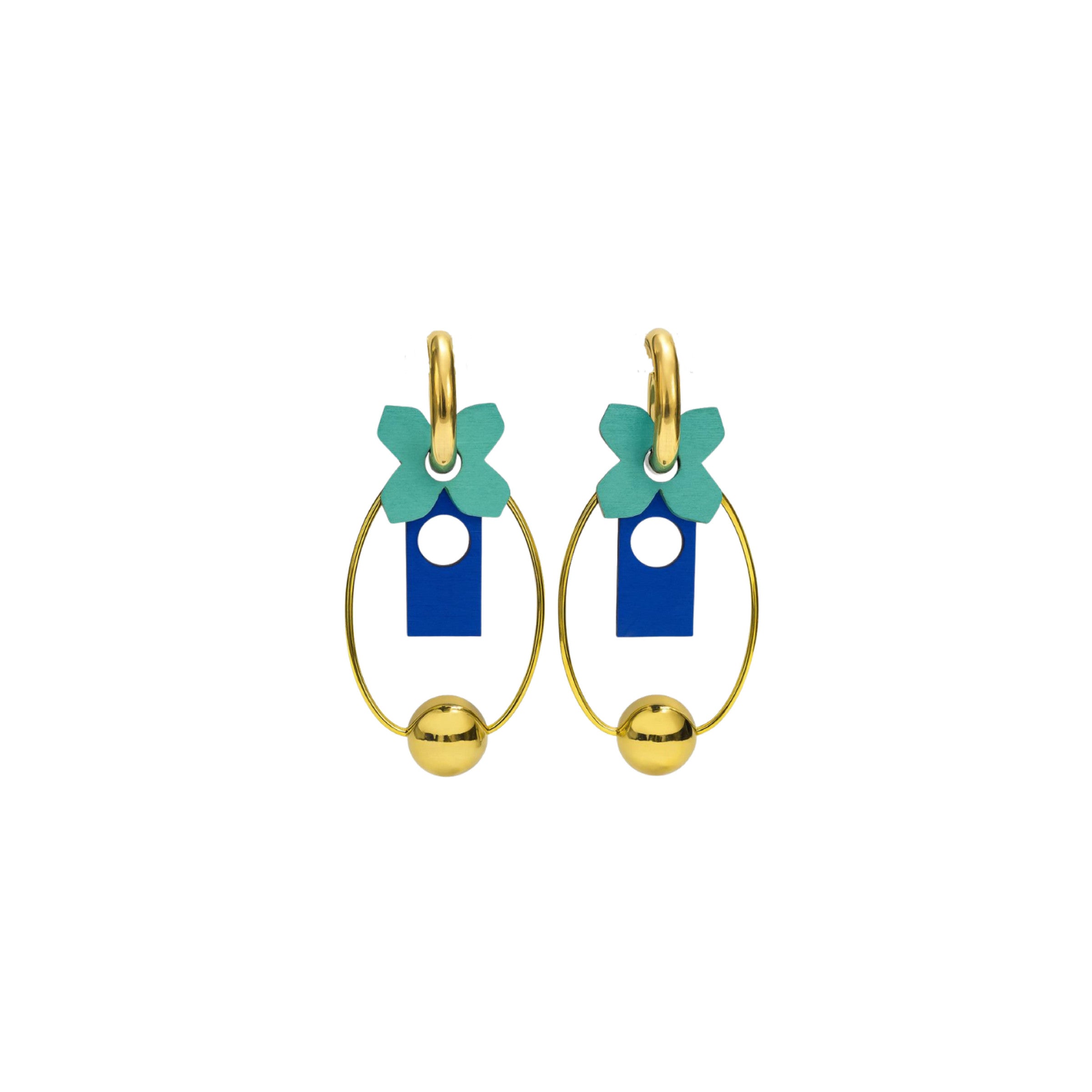 Clover Arc mint-green floral and blue drop earrings with gold oval hoop by ISLI Studio
